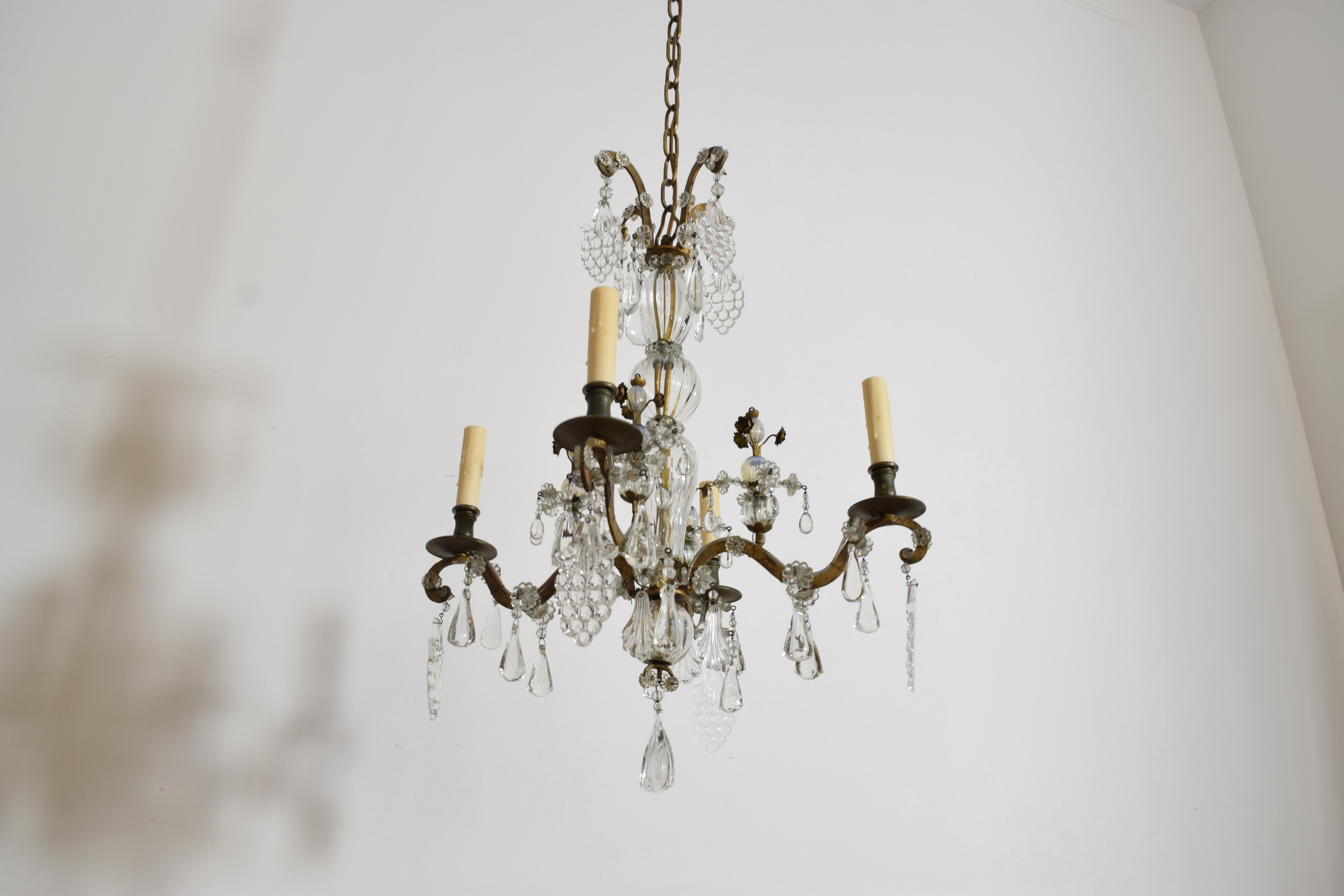 19th Century Italian, Piemontese, Late Neoclassic Gilt Metal & Blown Glass 4-Light Chandelier For Sale