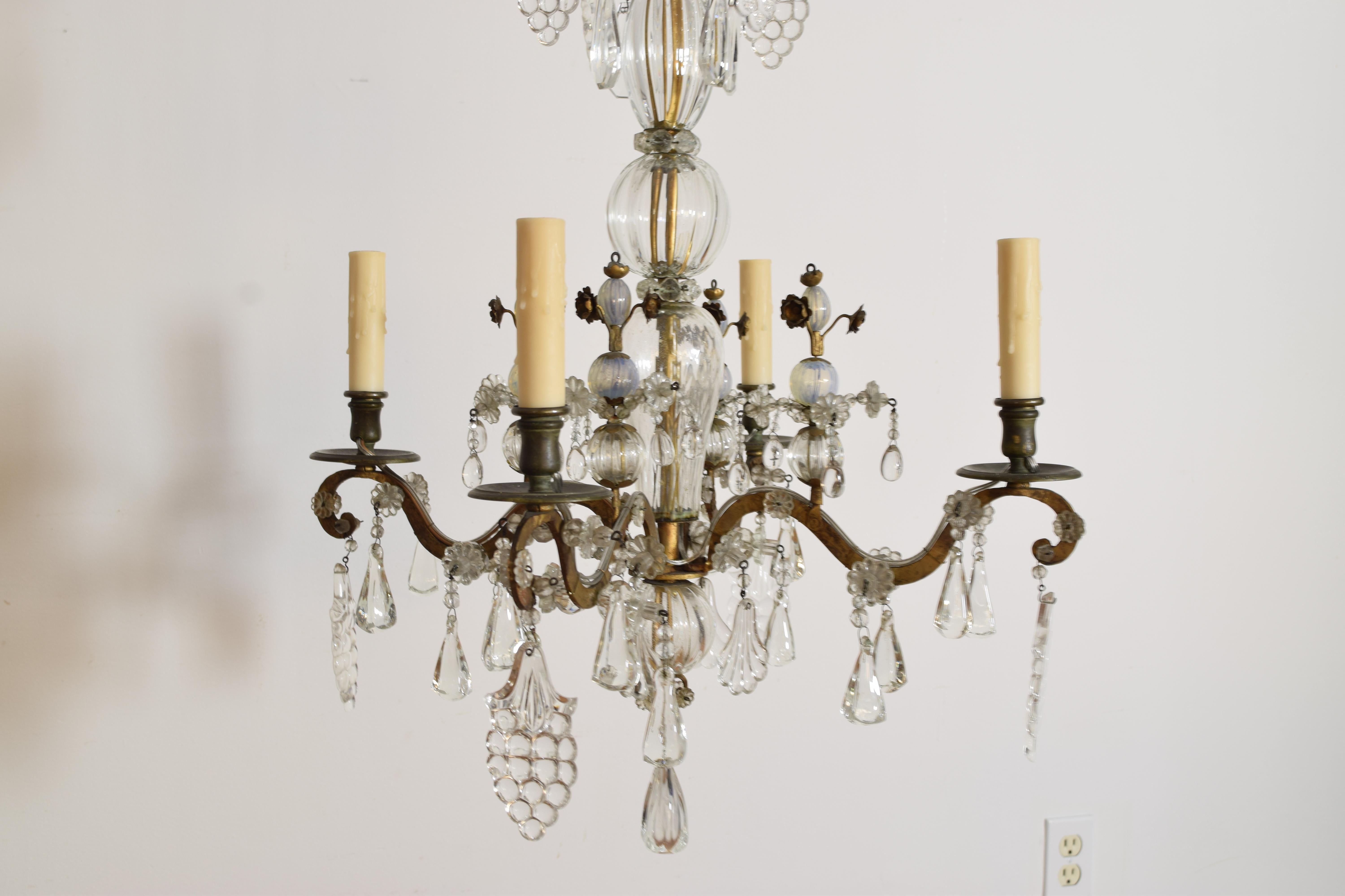 Italian, Piemontese, Late Neoclassic Gilt Metal & Blown Glass 4-Light Chandelier For Sale 1