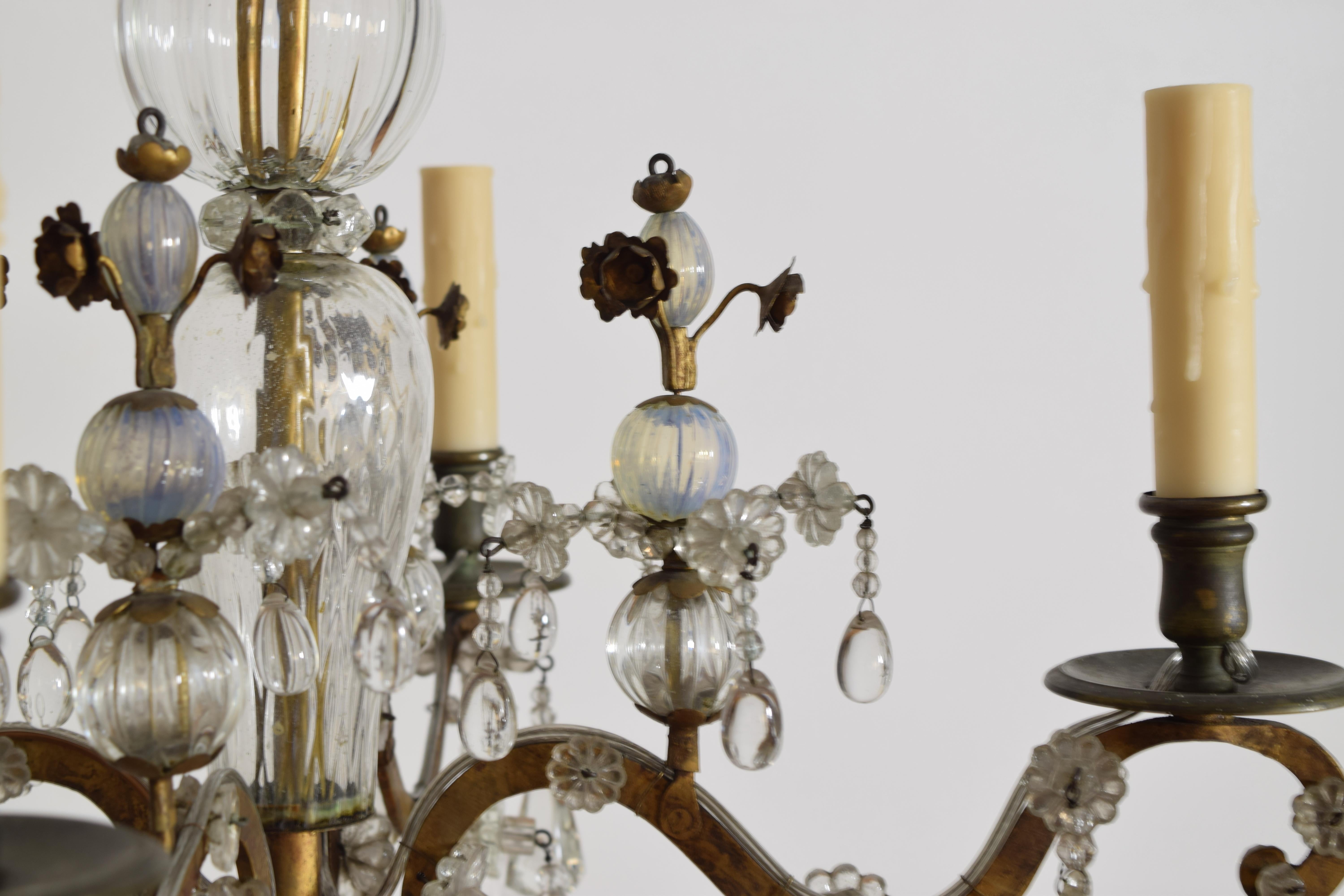 Italian, Piemontese, Late Neoclassic Gilt Metal & Blown Glass 4-Light Chandelier For Sale 4