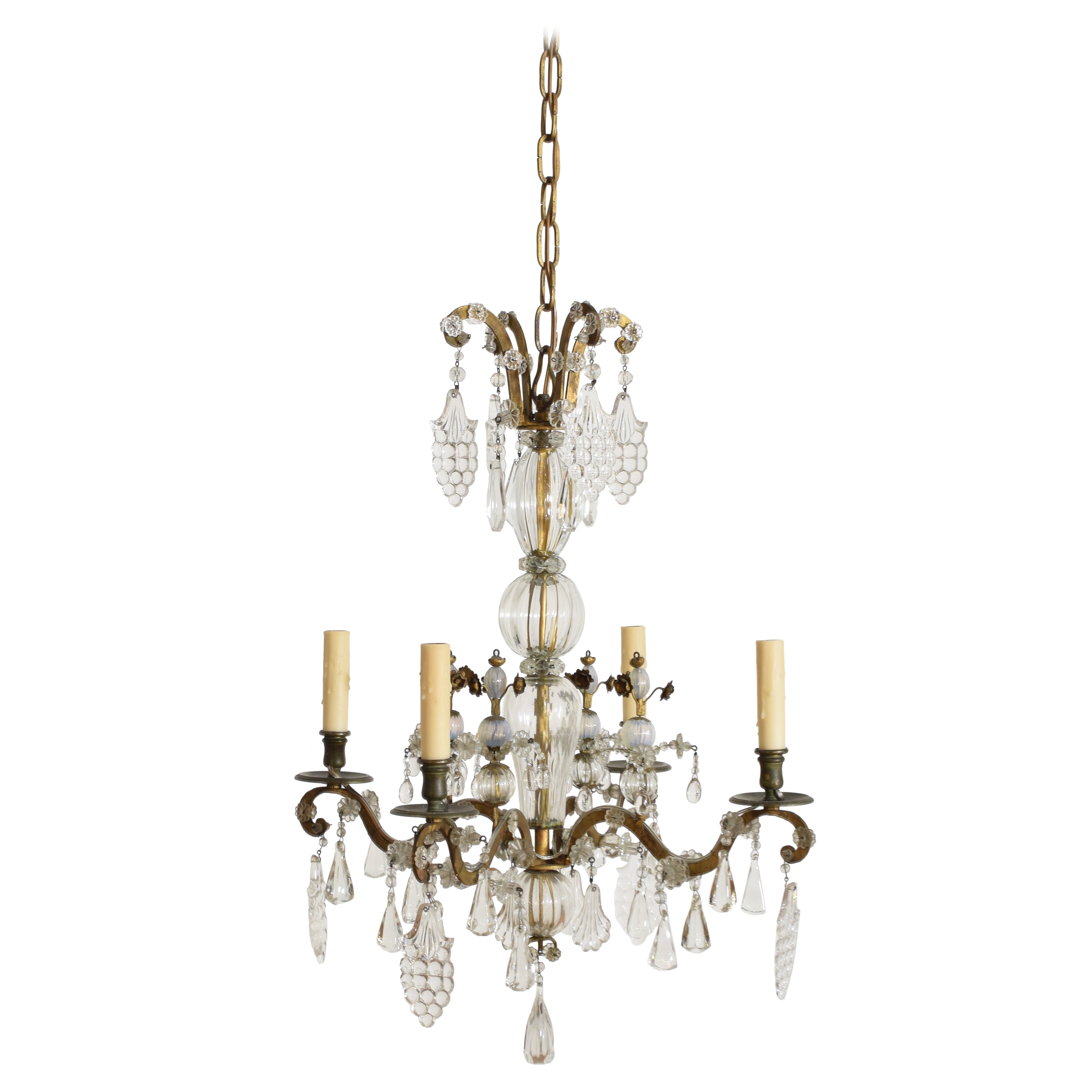 Italian, Piemontese, Late Neoclassic Gilt Metal & Blown Glass 4-Light Chandelier