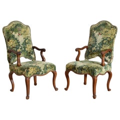 Italian, Piemontese, Louis XV Period Pair Walnut & Upholstered Armchairs 18thc