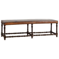 Italian, Piemontese, LXIV Period Turned Walnut & Leather Upholstered Bench, 1730