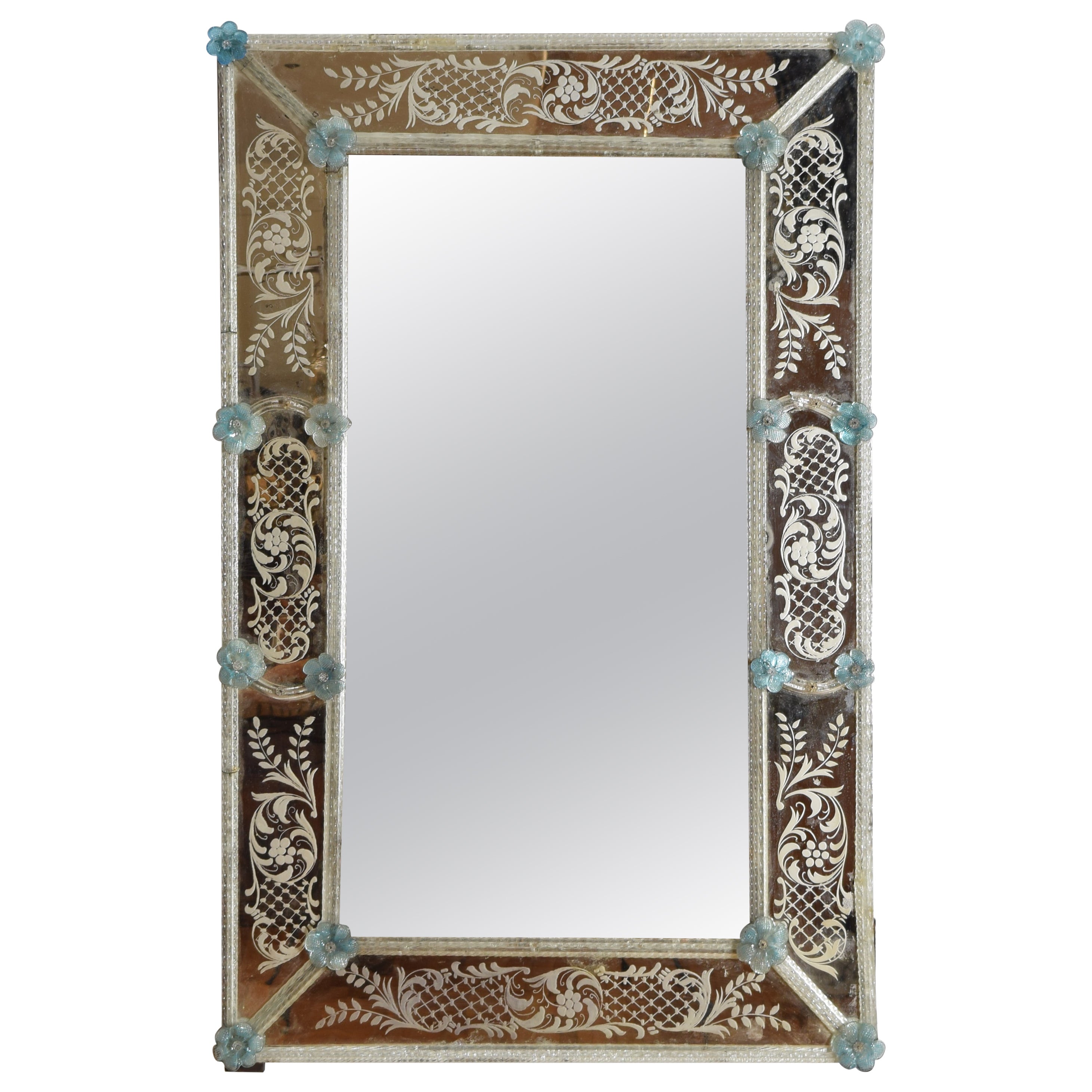 Italian, Piemontese, Rococo Style Etched and Colored Glass Mirror, ca. 1875 For Sale