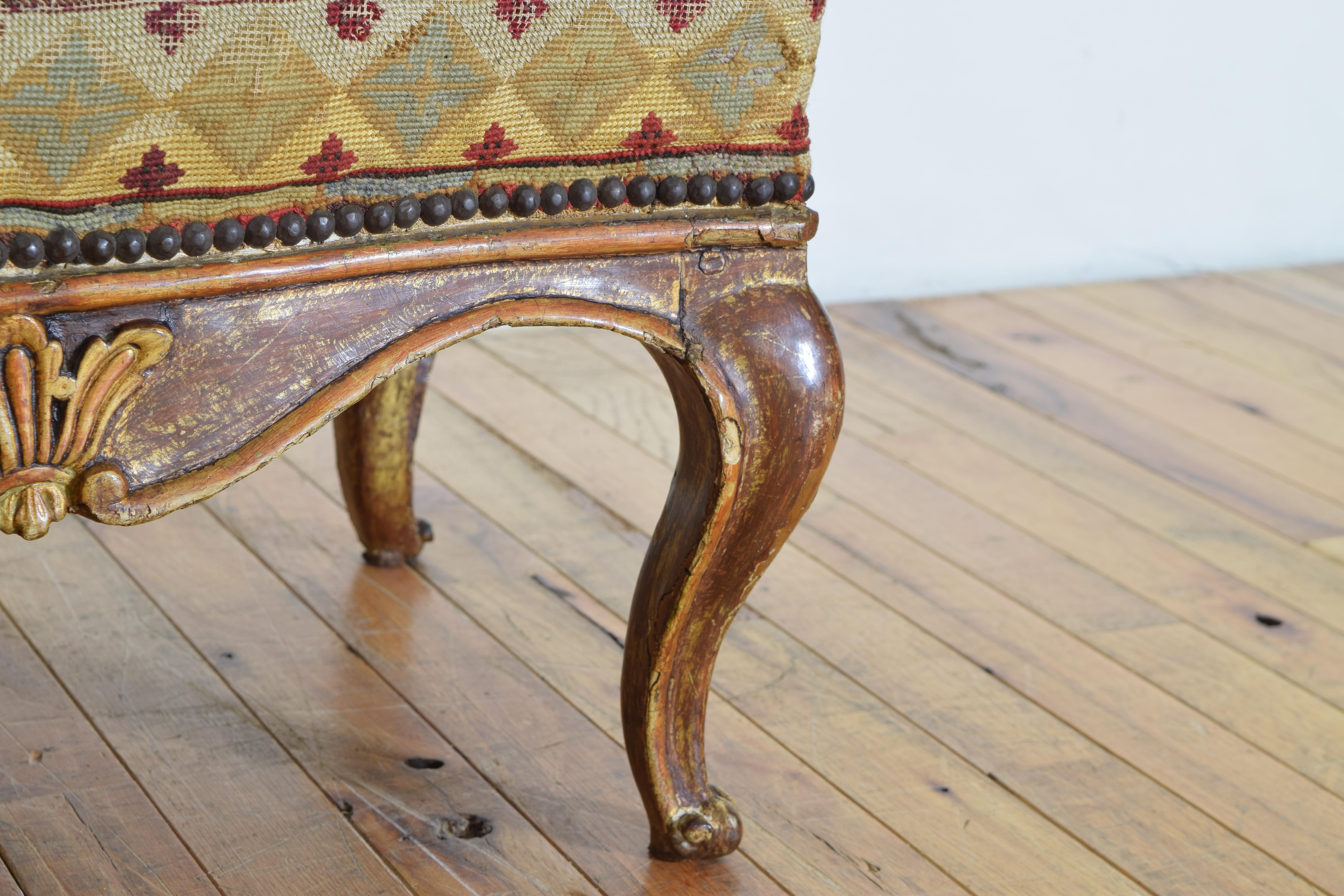 Giltwood Italian, Piemontese, Rococo Period Lacquered and Gilded Footstool, Mid 18th Cen. For Sale