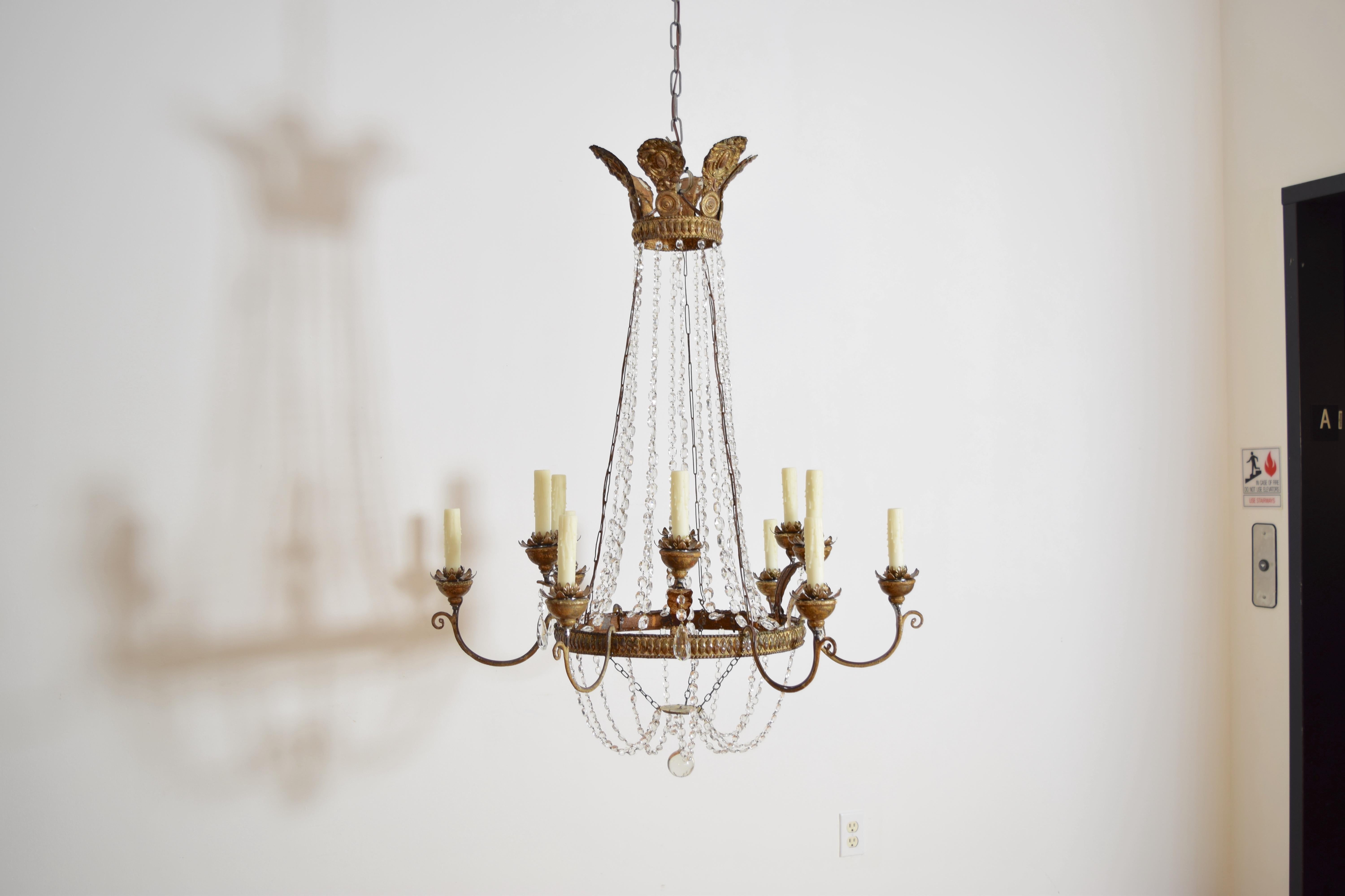 Neoclassical Italian, Piemontese, Silvered & Gilt Metal & Iron 12-Light Chandelier, ca. 1800 For Sale
