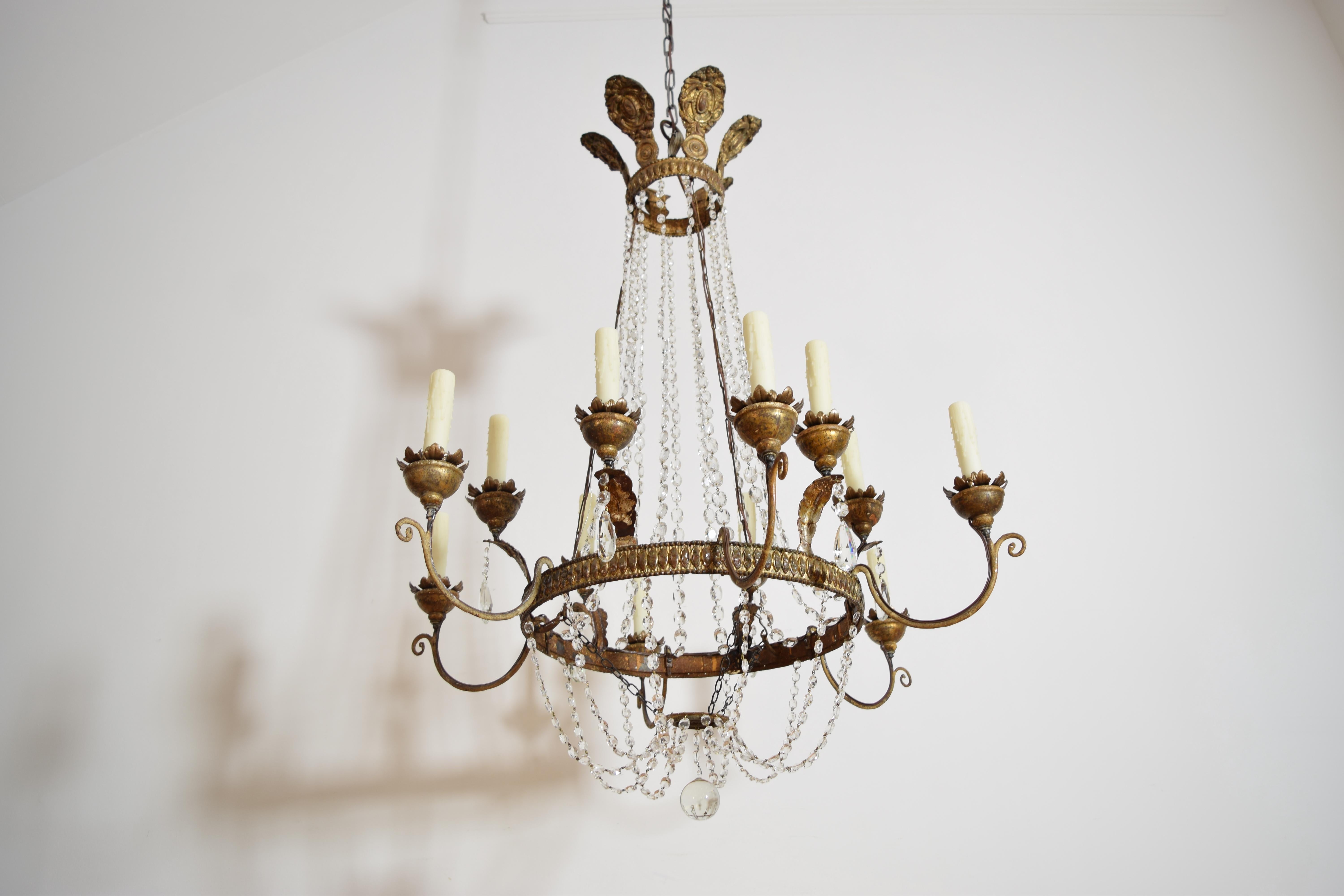 Italian, Piemontese, Silvered & Gilt Metal & Iron 12-Light Chandelier, ca. 1800 In Good Condition For Sale In Atlanta, GA