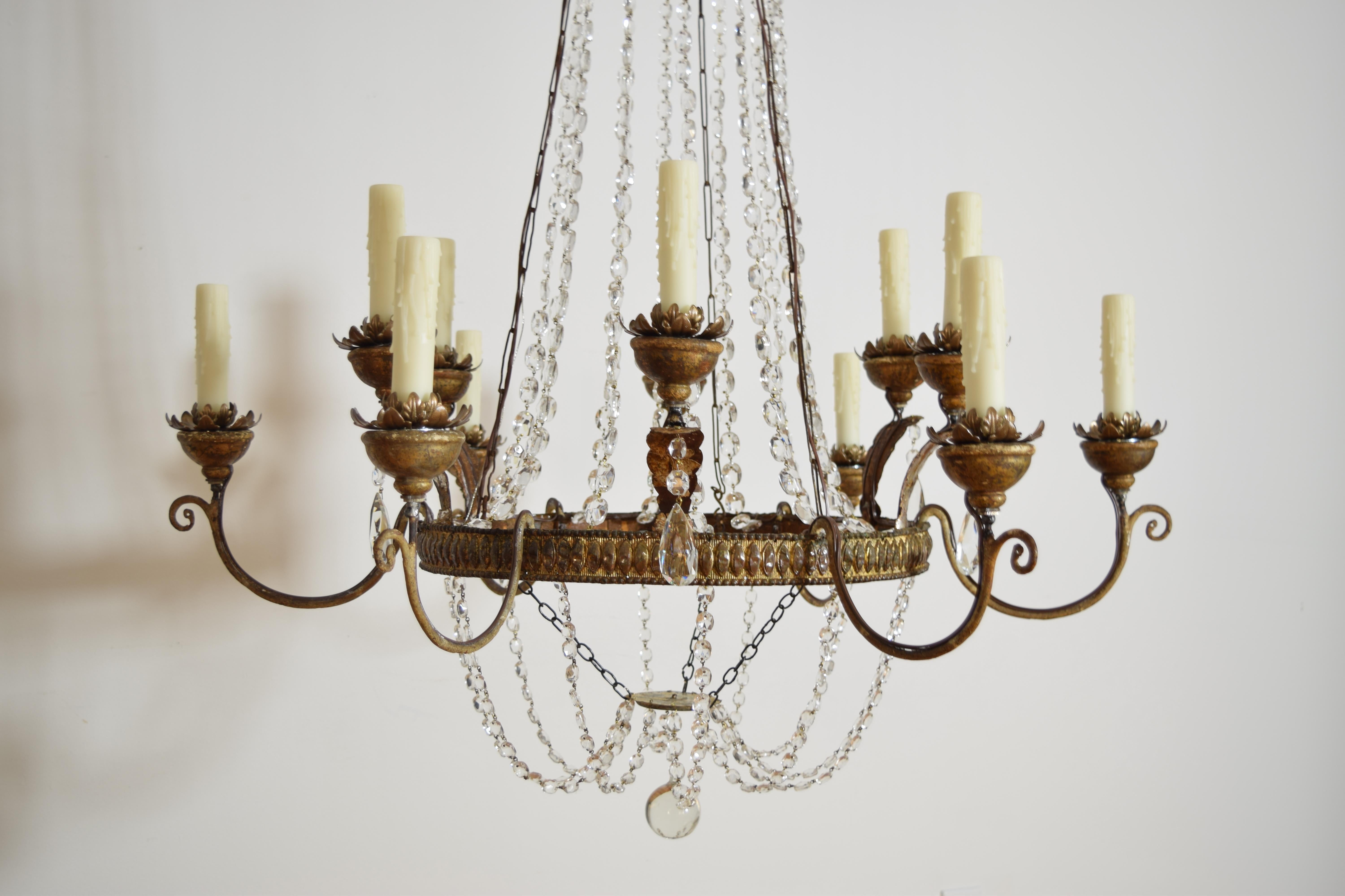 Italian, Piemontese, Silvered & Gilt Metal & Iron 12-Light Chandelier, ca. 1800 For Sale 1