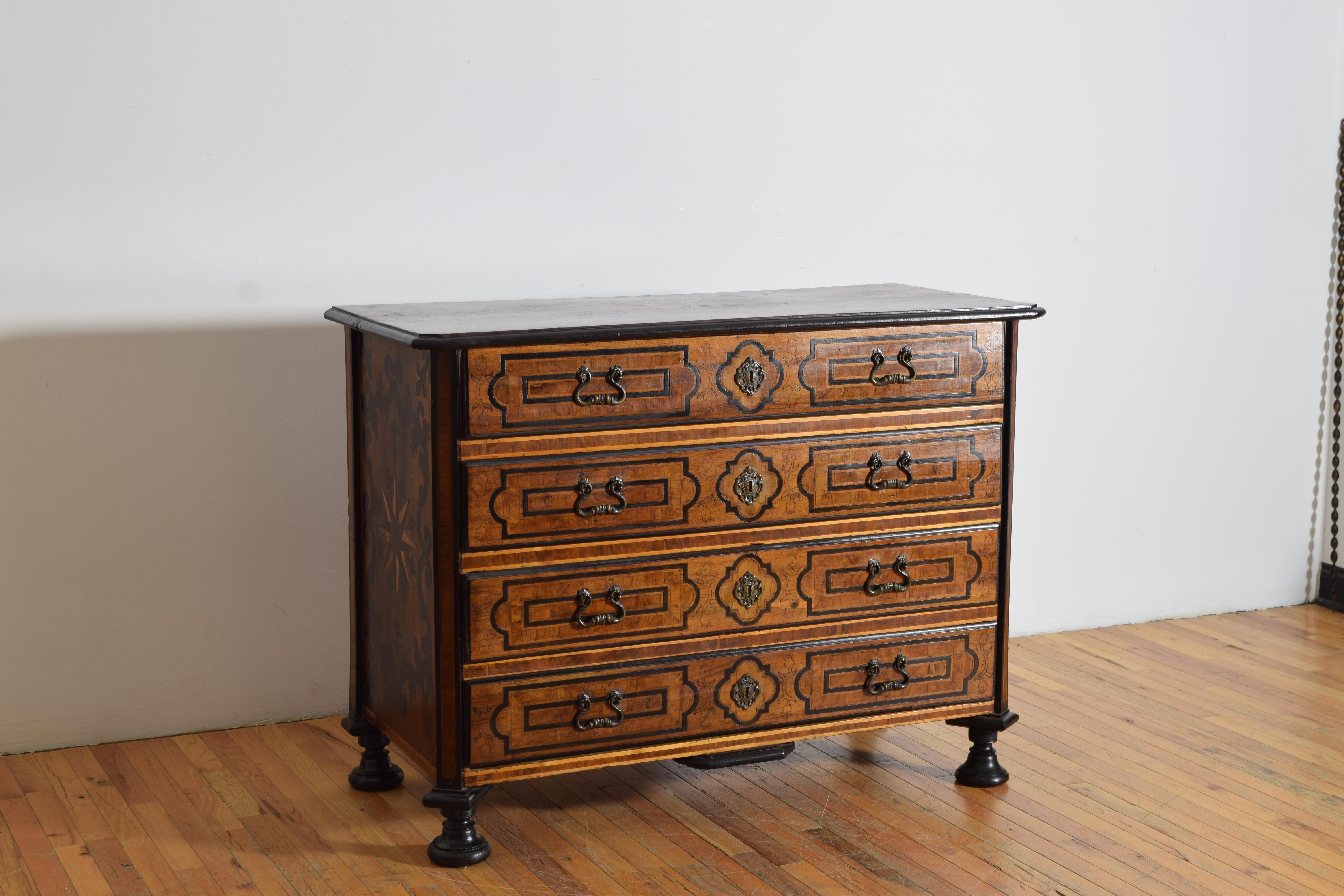 Louis XIV Italian, Piemontese, Walnut, Inlaid, & Ebonized 4-Drawer Commode, early 18th cen For Sale