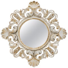 Italian Pierce-Carved and Blue/Taupe Painted Round-Shaped Mirror, circa 1920
