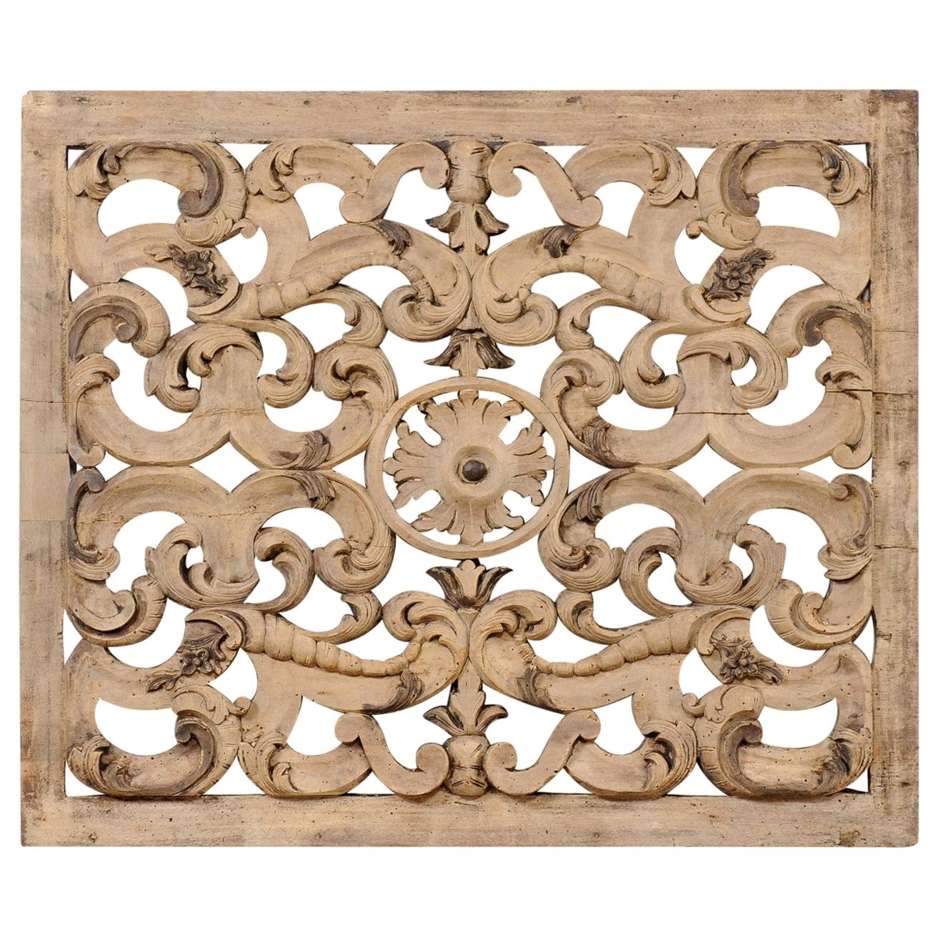 Italian Pierce-Carved Wood Plaque in Scrolling Acanthus Leaf Motif