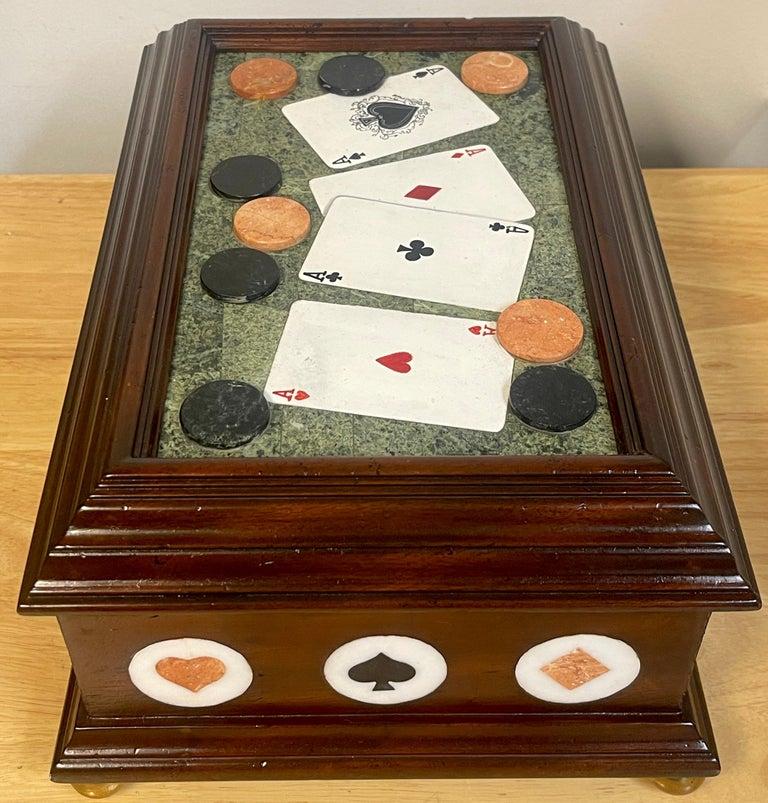 Italian Pietra Dura 'Aces High' Gambling Motif Mahogany Table Box In Good Condition For Sale In West Palm Beach, FL