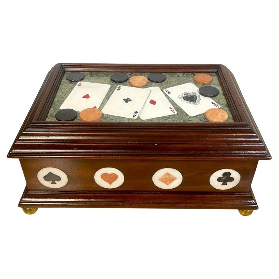 Italian Pietra Dura 'Aces High' Gambling Motif Mahogany Table Box For Sale