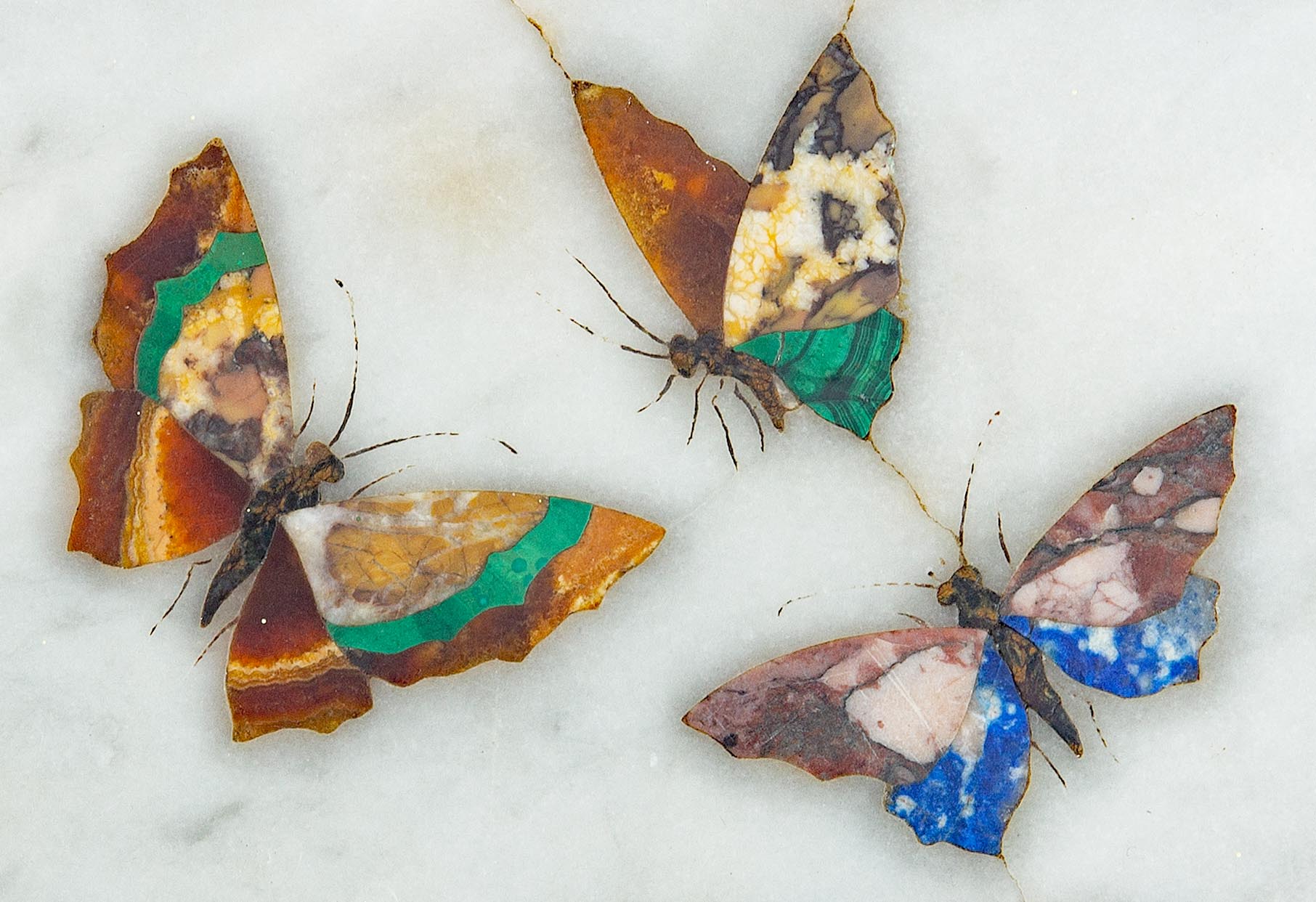 Antique pietra dura paperweight. Butterflies. Marble inlaid with lapis lazuli, malachite, and other semiprecious stones. 

















large 