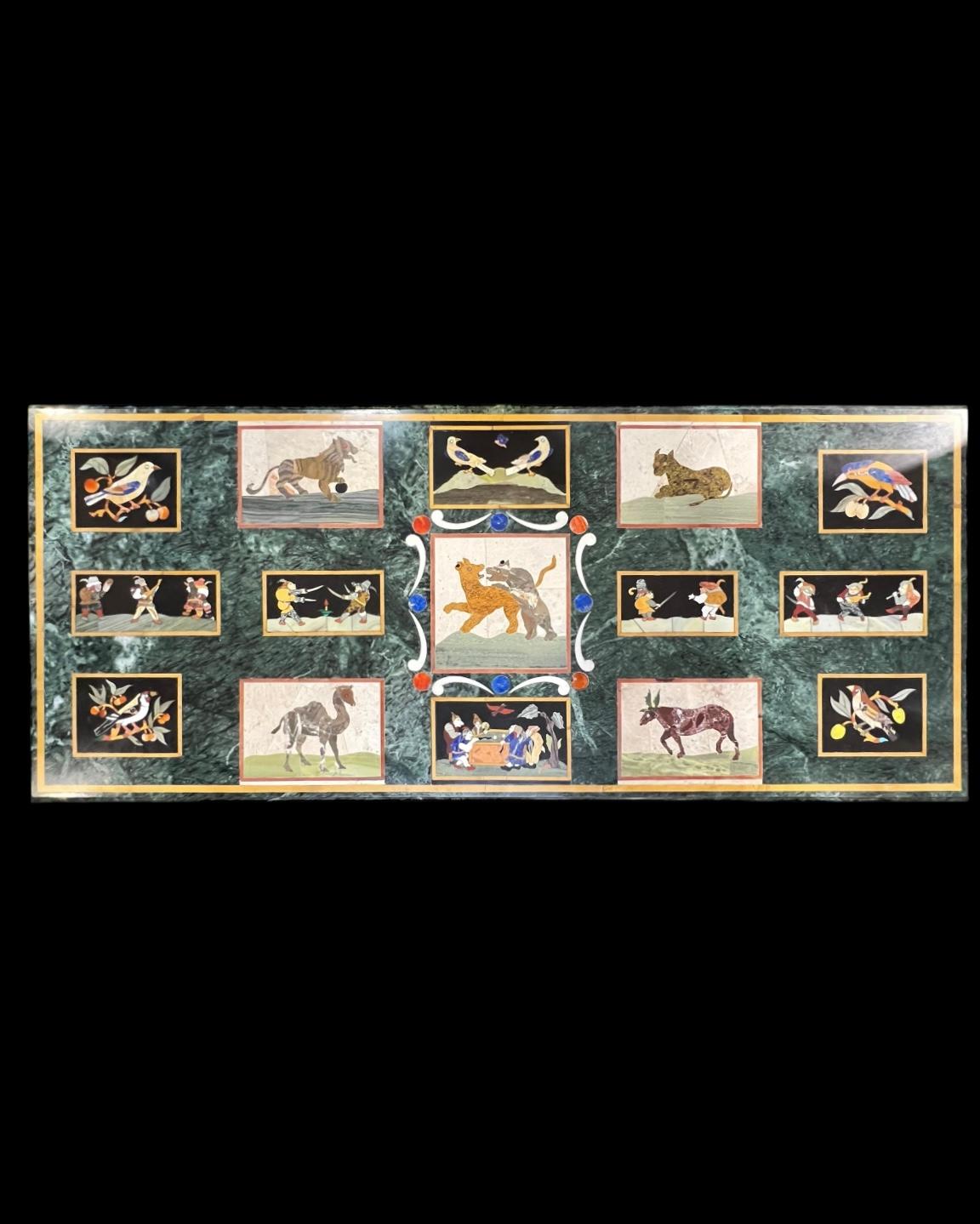 Vintage coffee table with modern marble top inlaid with contemporary and antique pietra dura plaques, including birds, lion, cat, camel and deer, plus four plaques depicting medieval figures of musicians and others at play.  51 1/4 by 21 3/4 inches