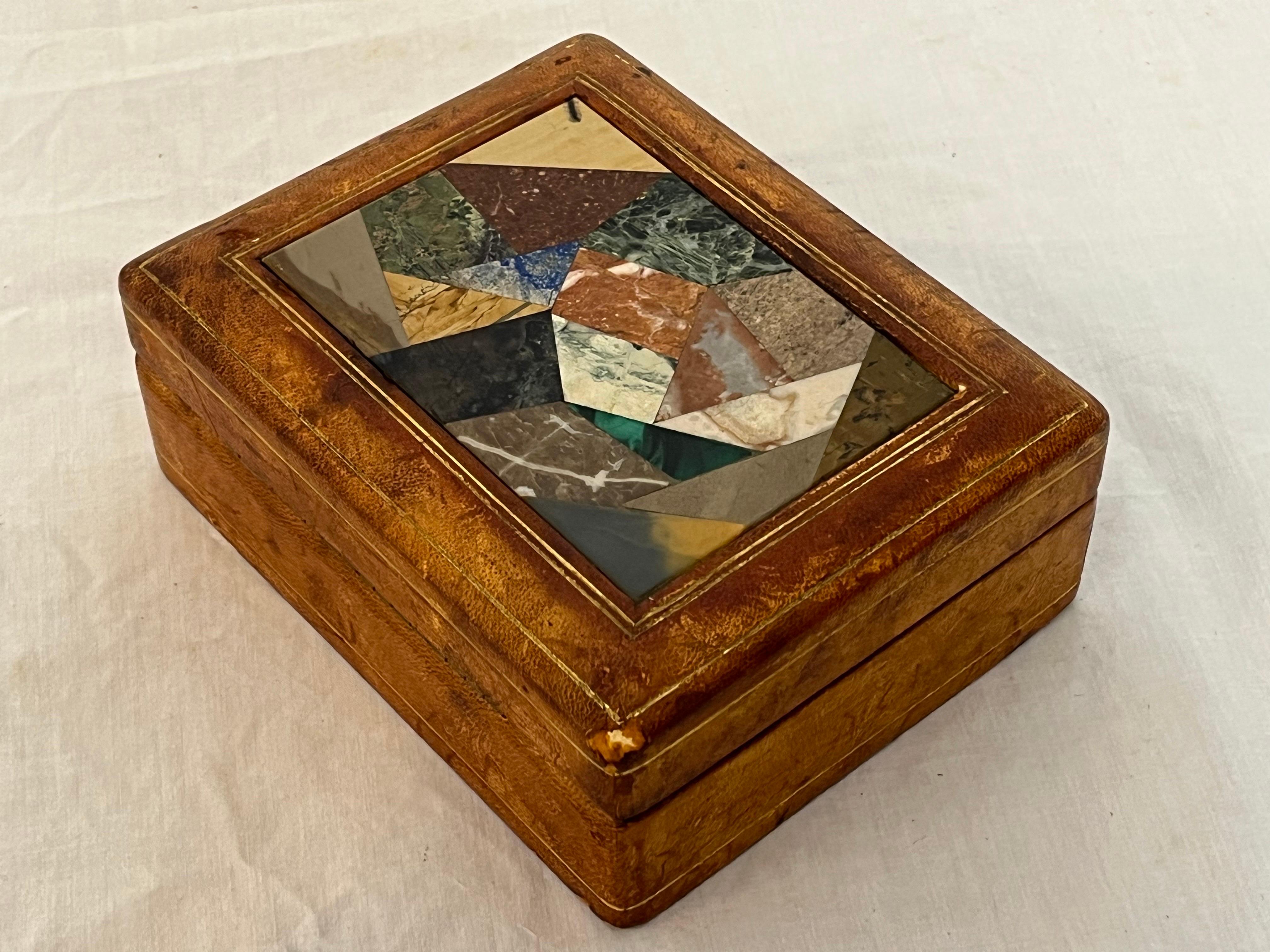 Italian Pietra Dura, Leather and Gilt Midcentury Card or Stash or Trinket Box 4