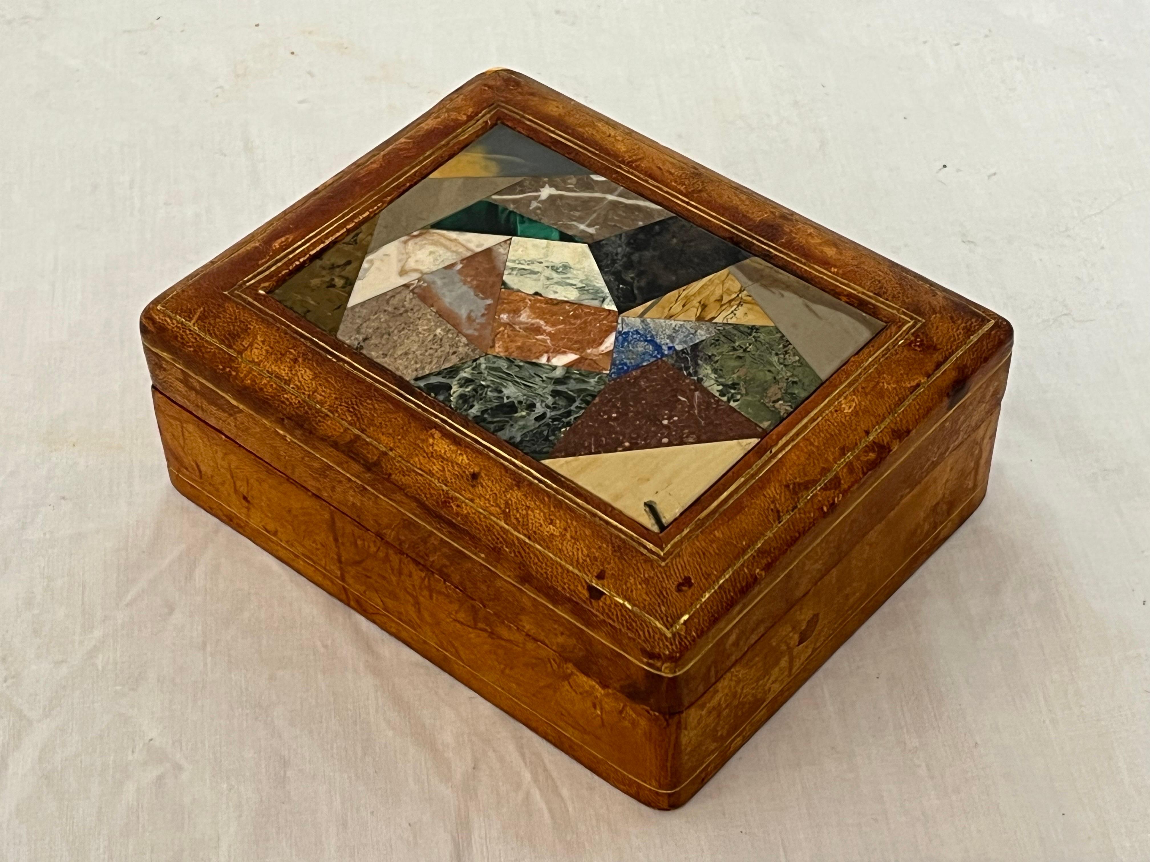 Mid-Century Modern Italian Pietra Dura, Leather and Gilt Midcentury Card or Stash or Trinket Box