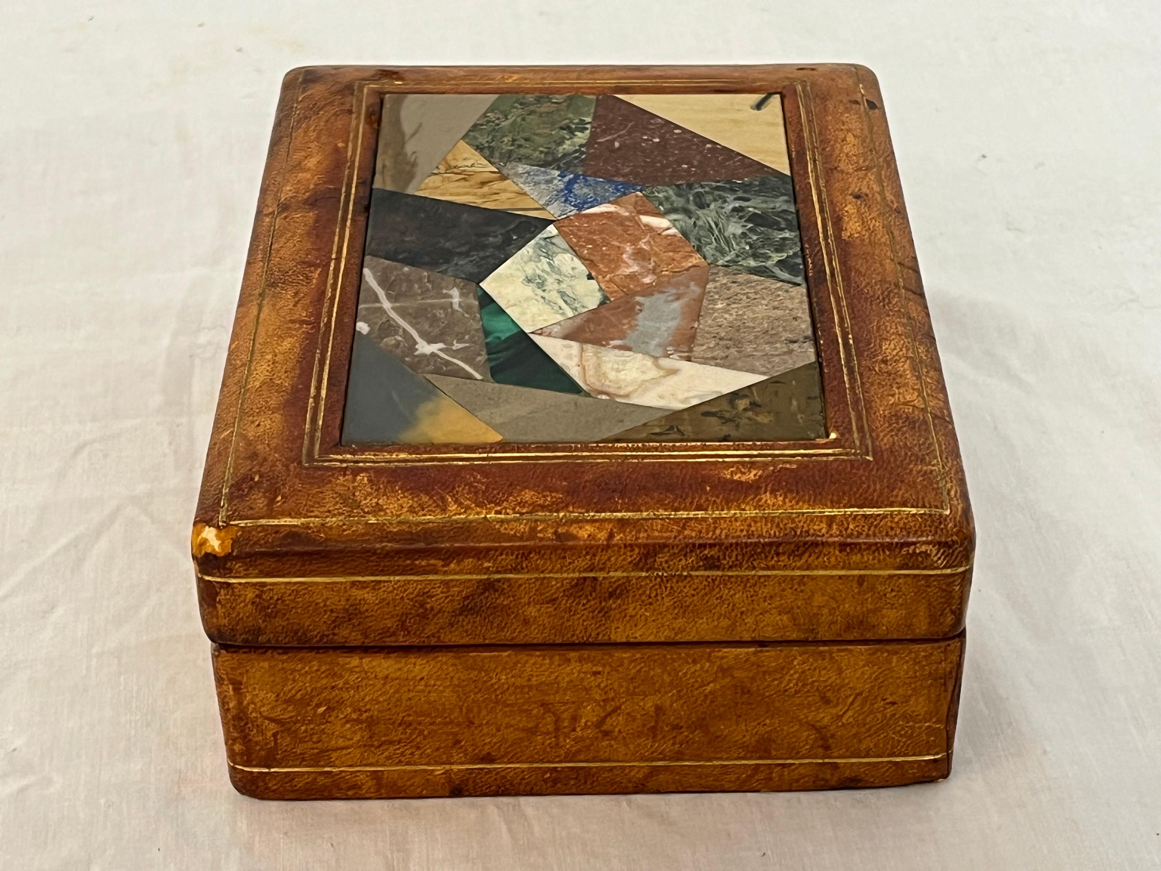 Italian Pietra Dura, Leather and Gilt Midcentury Card or Stash or Trinket Box In Good Condition In Atlanta, GA
