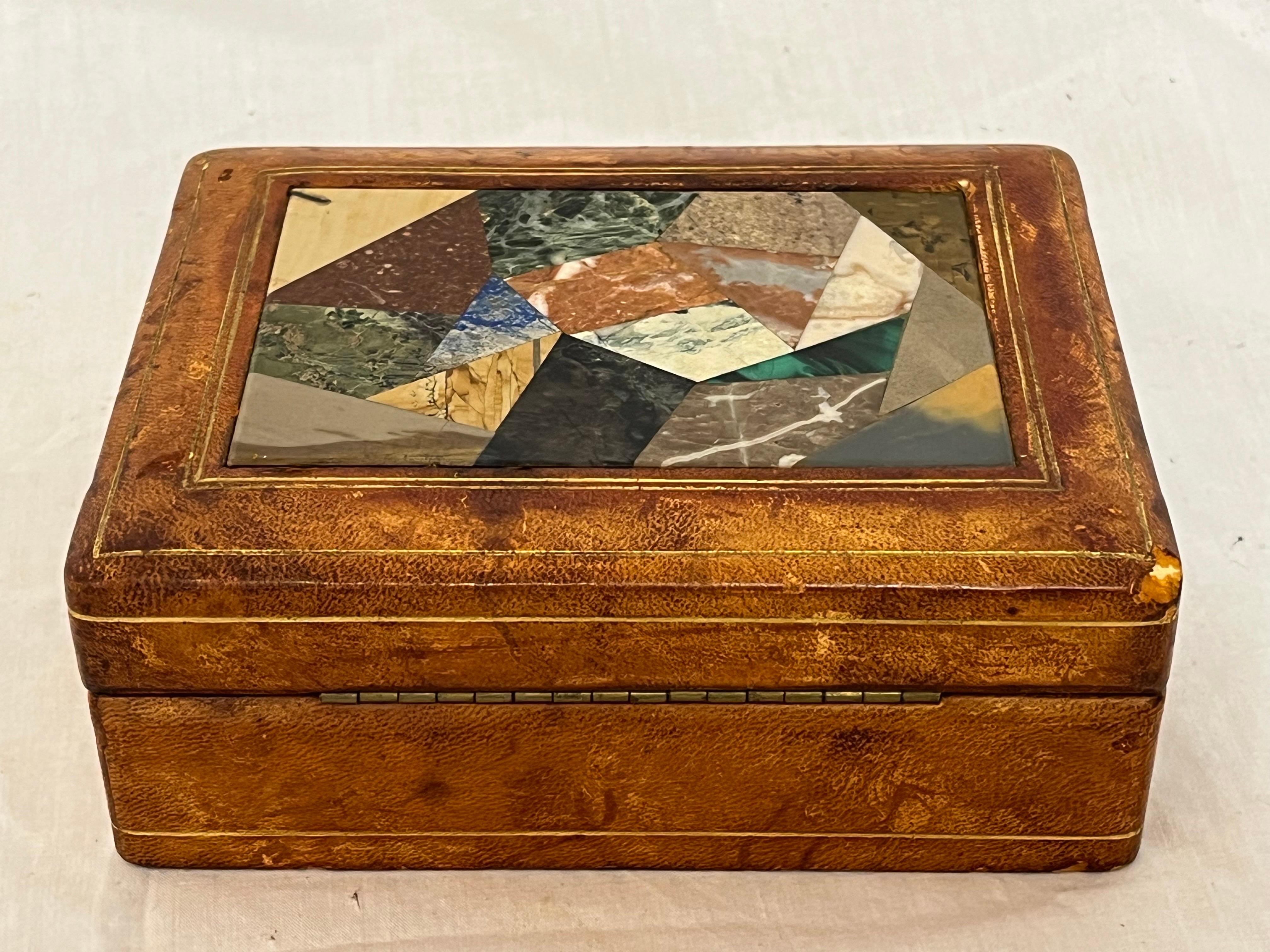 20th Century Italian Pietra Dura, Leather and Gilt Midcentury Card or Stash or Trinket Box