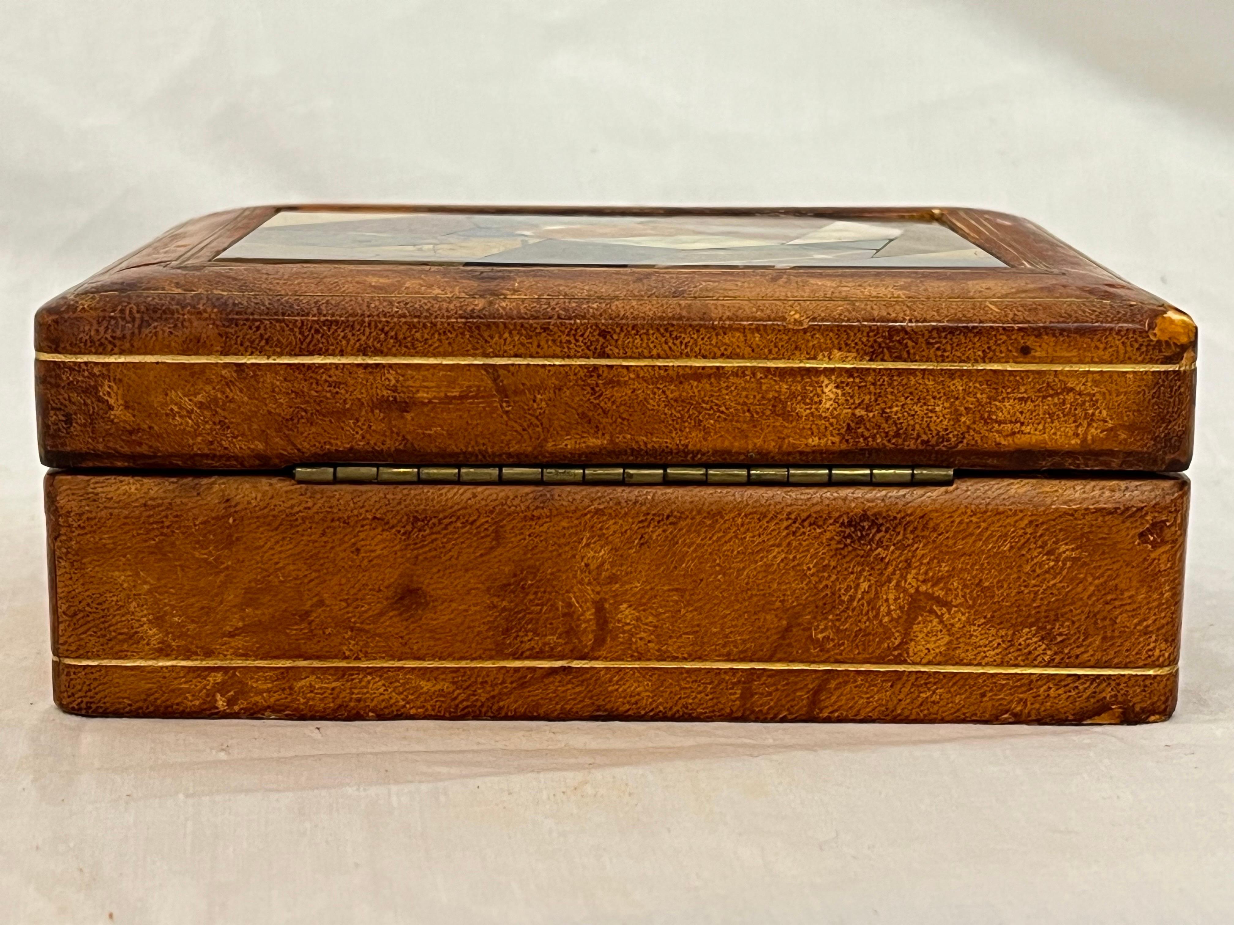 Stone Italian Pietra Dura, Leather and Gilt Midcentury Card or Stash or Trinket Box