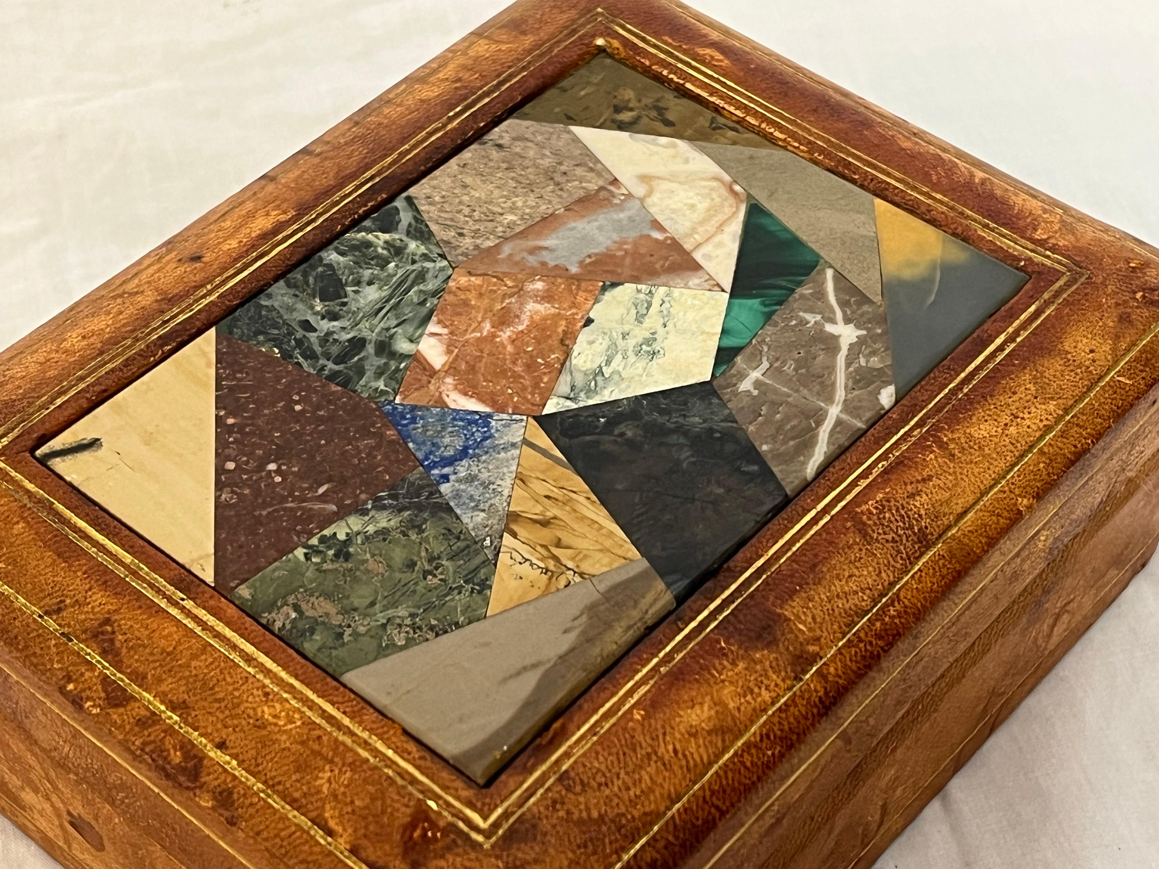 Italian Pietra Dura, Leather and Gilt Midcentury Card or Stash or Trinket Box 3