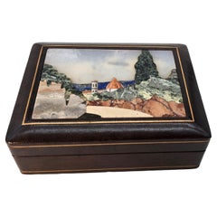 Italian pietra dura leather covered box  depicting Florence Cathedral, C 1930