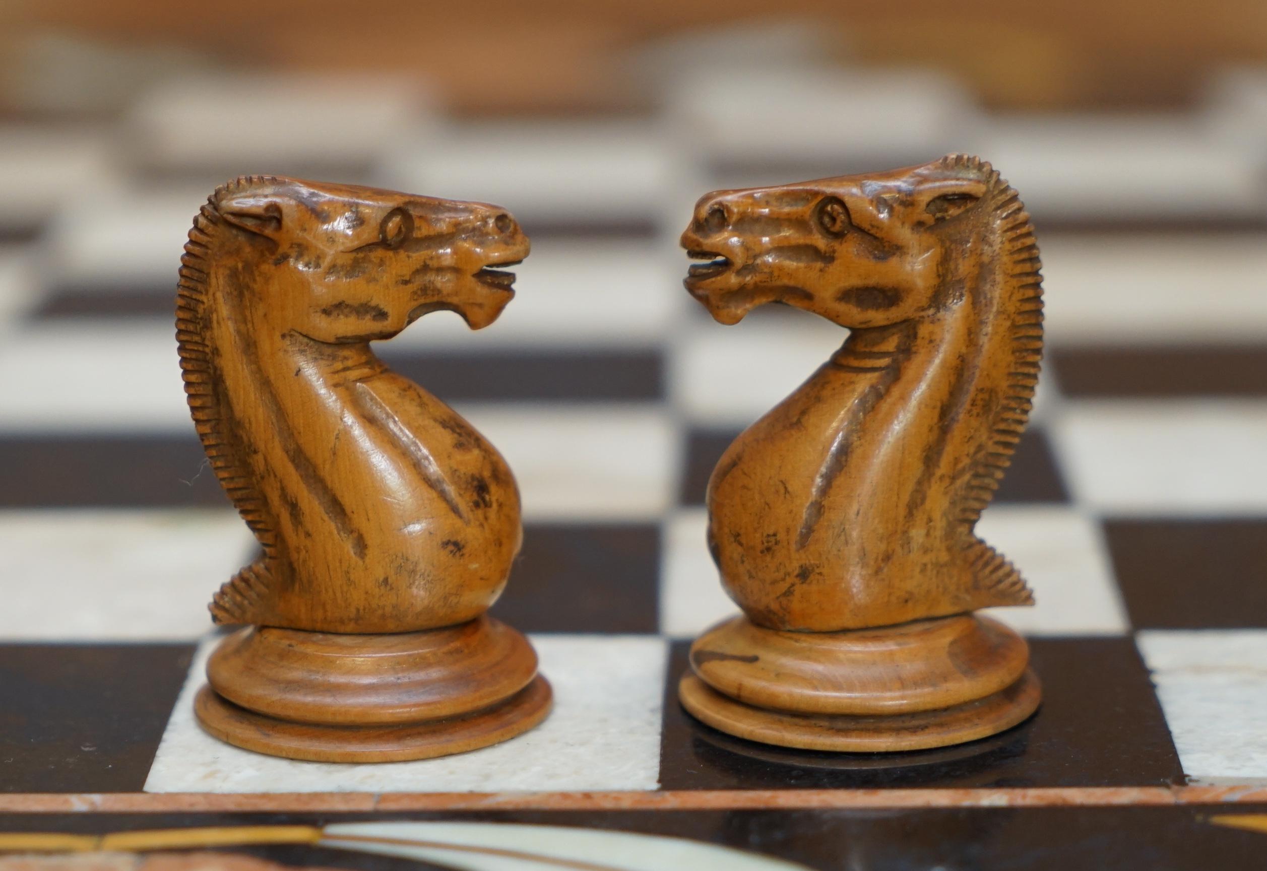 Italian Pietra Dura Marble Chess Table Regency Hardwood Base Staunton Chess Set 10