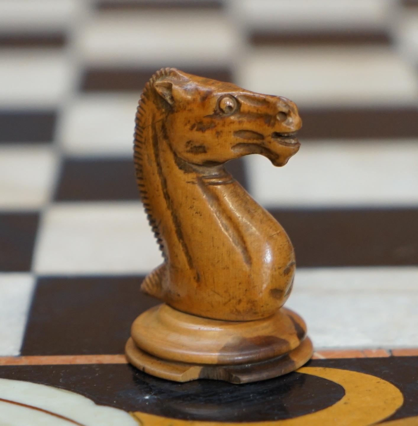 Italian Pietra Dura Marble Chess Table Regency Hardwood Base Staunton Chess Set 12