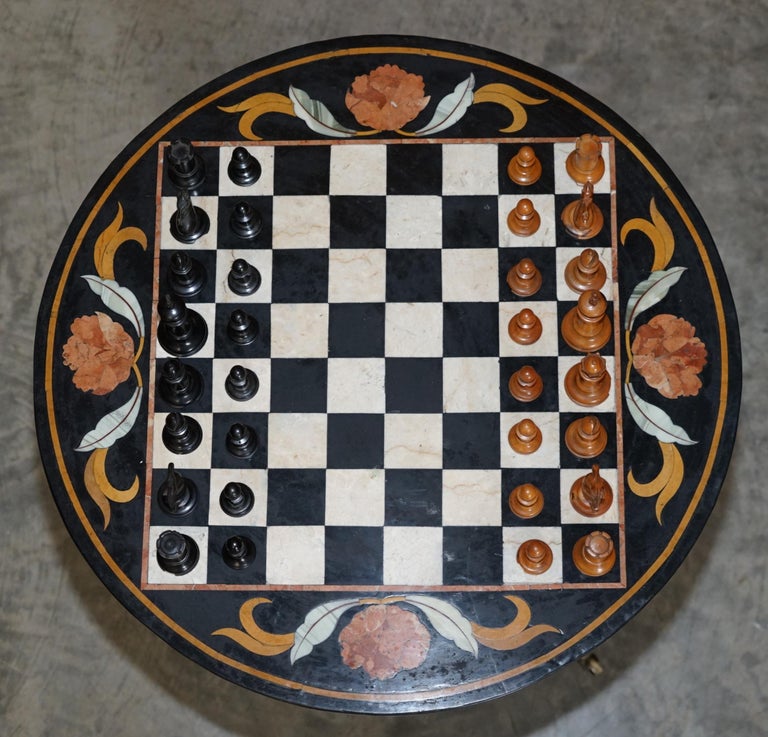 Hand-Carved Italian Pietra Dura Marble Chess Table Regency Hardwood Base Staunton Chess Set For Sale
