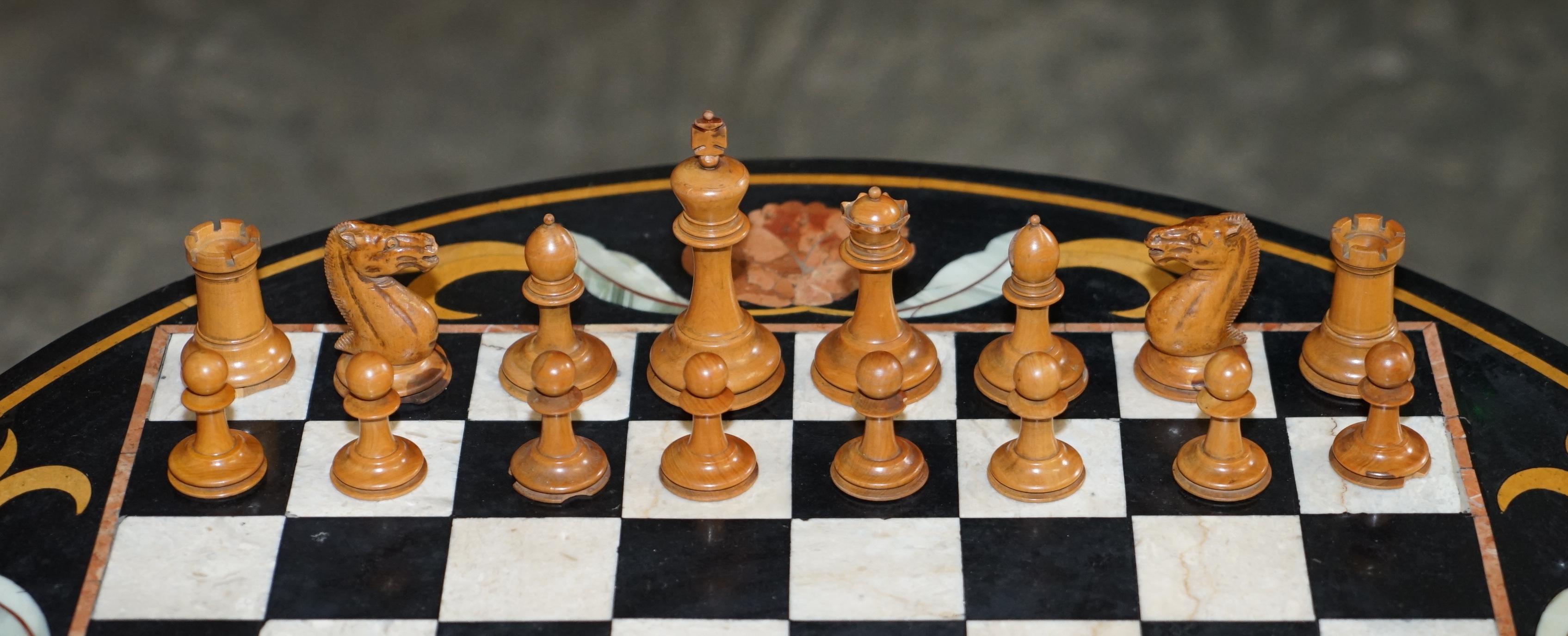 Hand-Carved Italian Pietra Dura Marble Chess Table Regency Hardwood Base Staunton Chess Set