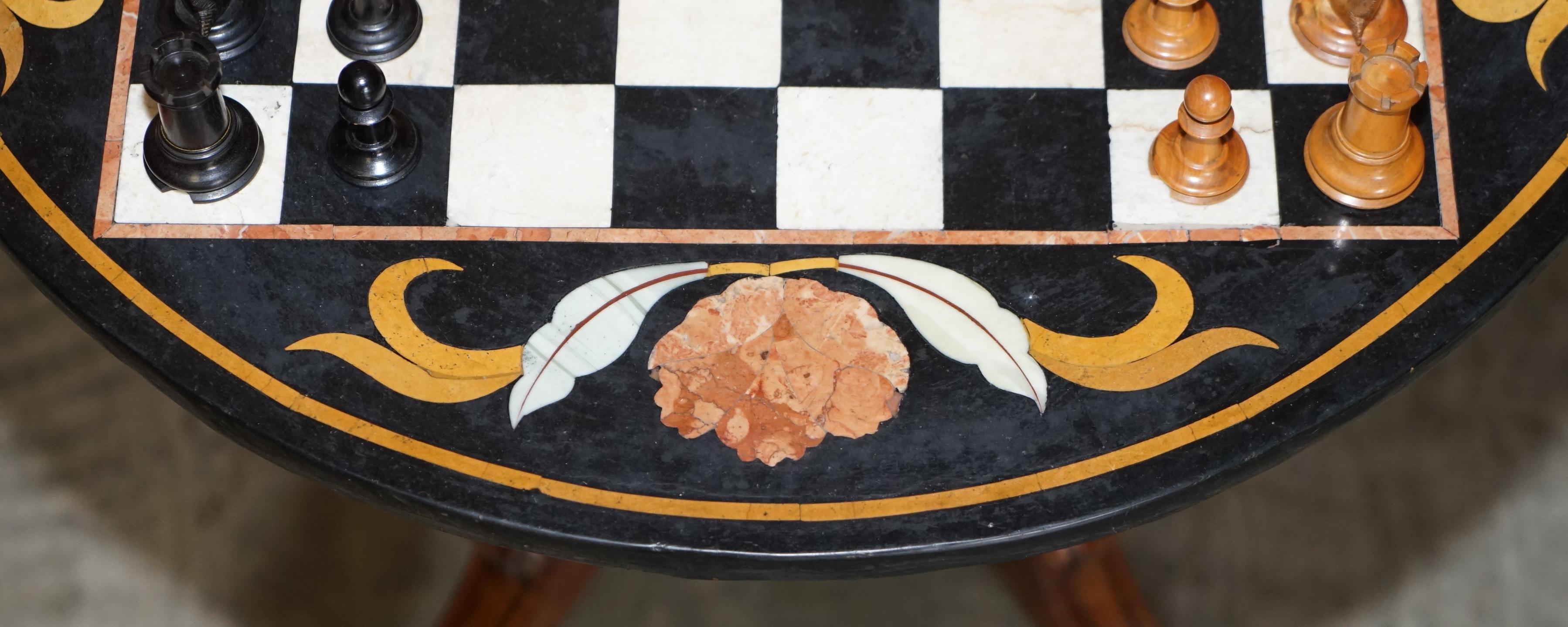 Italian Pietra Dura Marble Chess Table Regency Hardwood Base Staunton Chess Set 2
