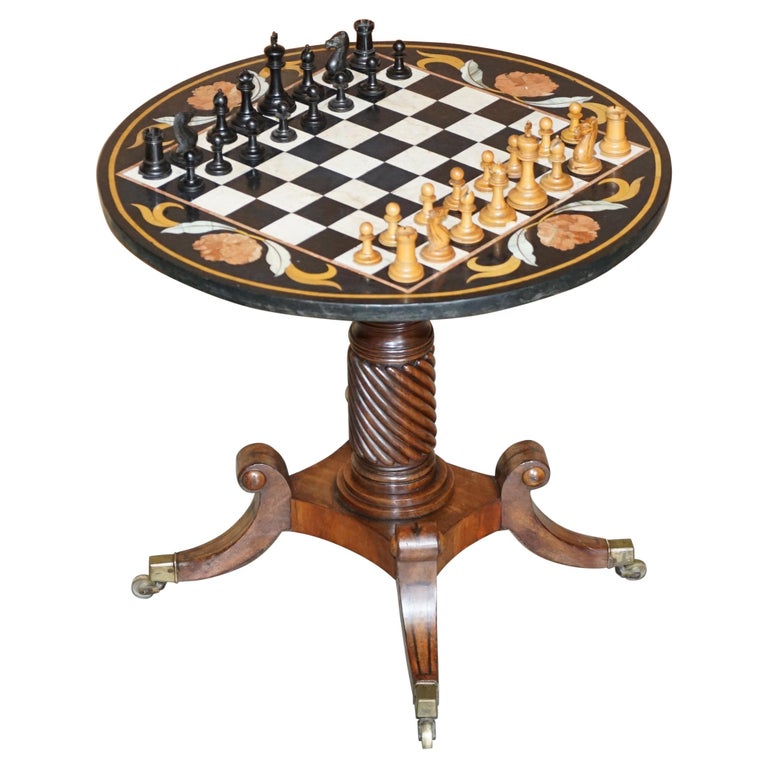 Italian Pietra Dura Marble Chess Table Regency Hardwood Base Staunton Chess Set For Sale