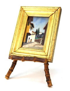 Italian Pietra Dura Plaque on Bamboo Easel, Depicting Tuscan Village Street