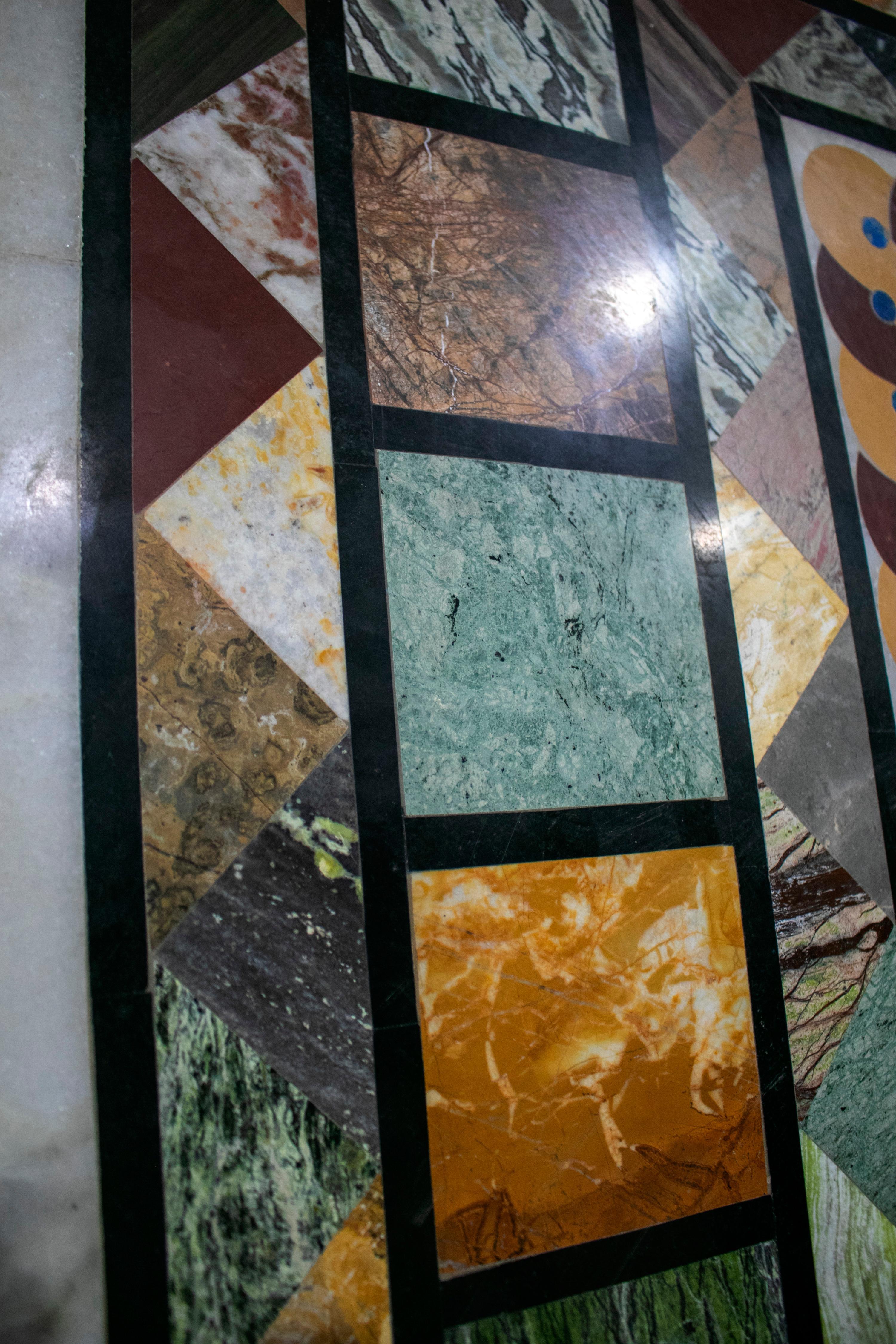 Italian pietra dura stone inlay handcrafted rectangular 10-seat dining tablet top with neoclassical geometric decorations hand crafted with semiprecious stones and marbles.