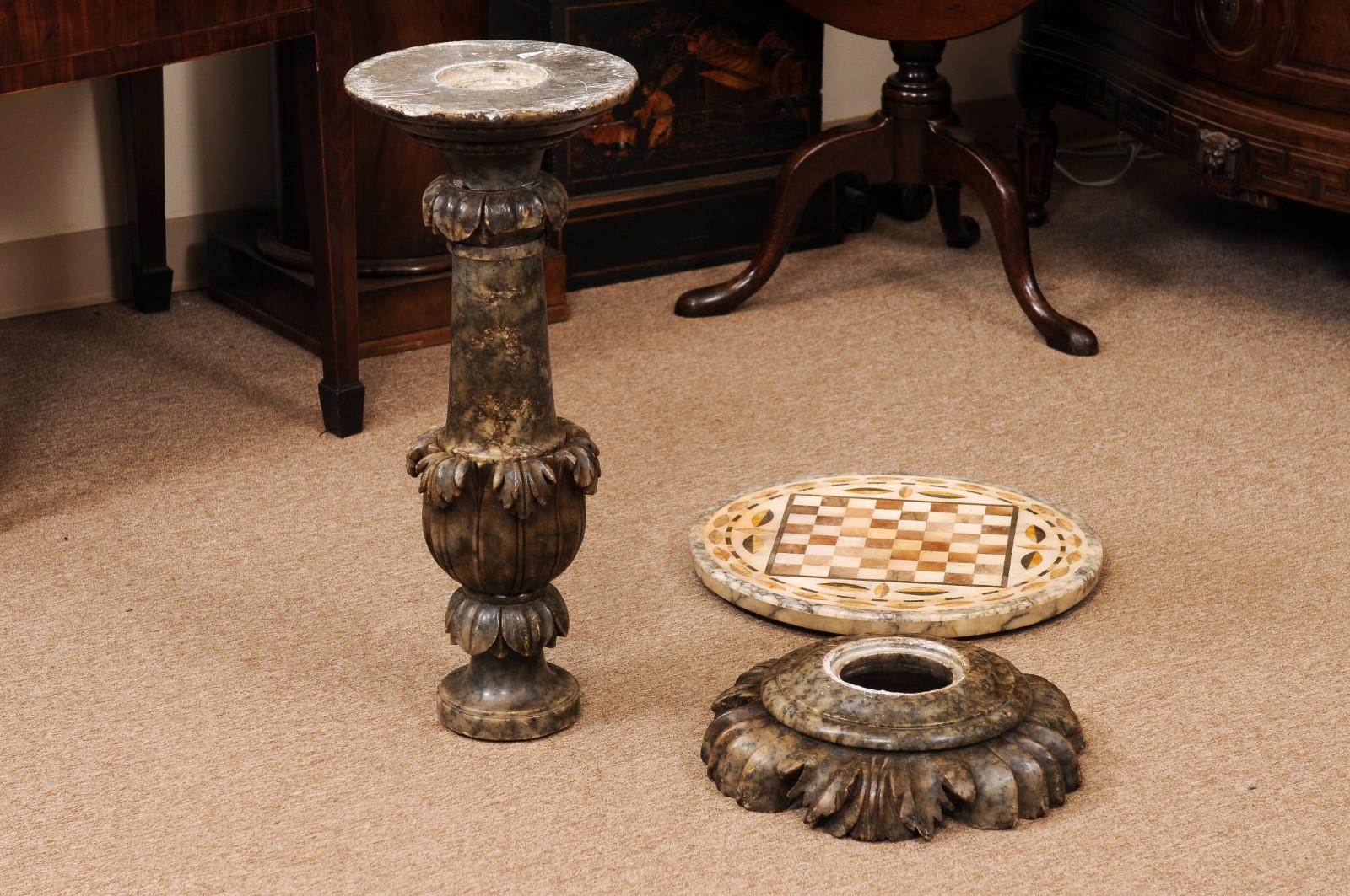 Italian Pietra Dura Round Carved Marble Game Table ca. 1880 In Fair Condition In Atlanta, GA
