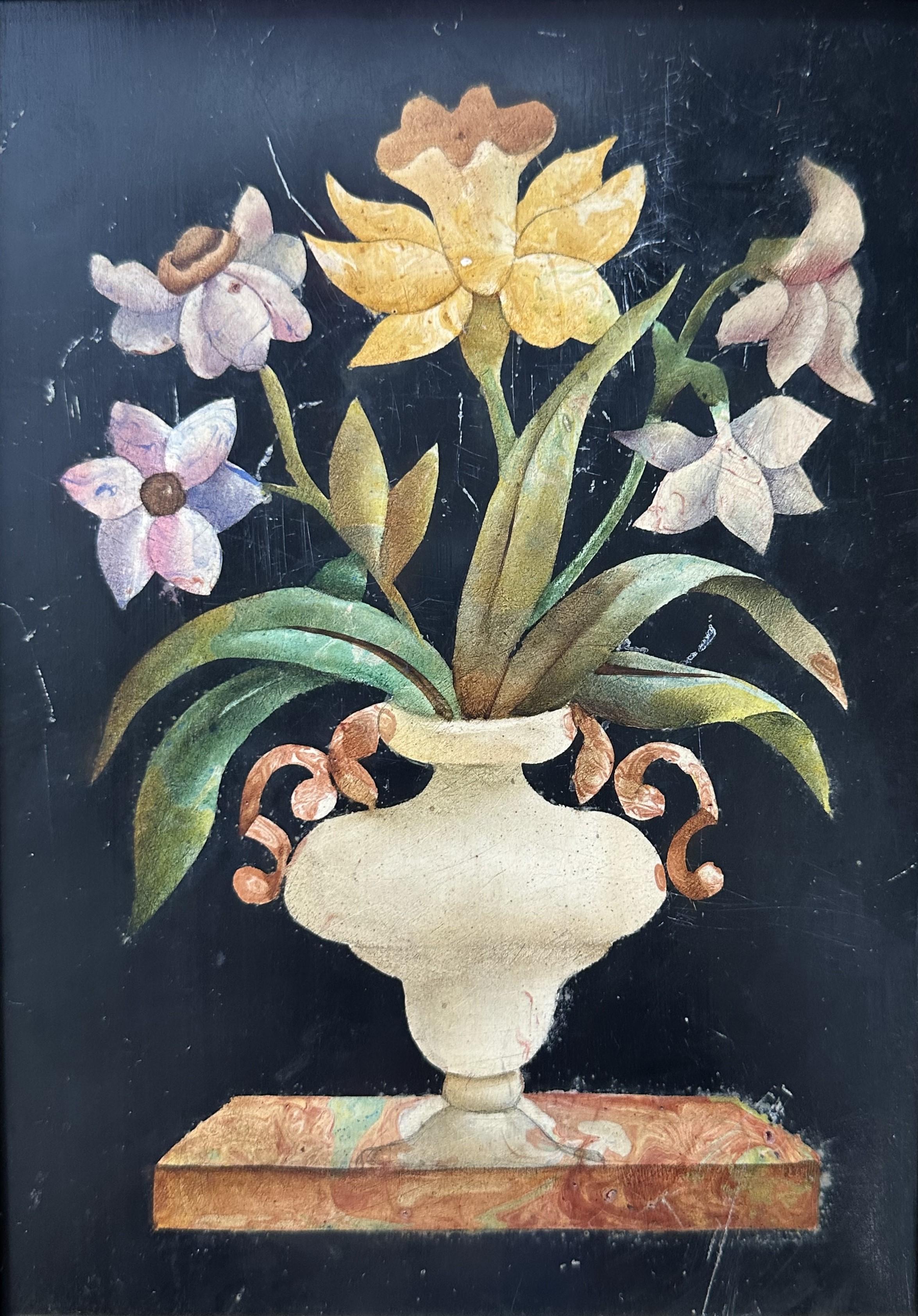 18th Century Italian Framed Pietra Dura Stone Plaque. Plaque features a bouquet of  flowers and fauna in yellow, pink, and green on black background. The detailed blooming floral arrangement is in a cream colored urn resting on a on a ledge. later