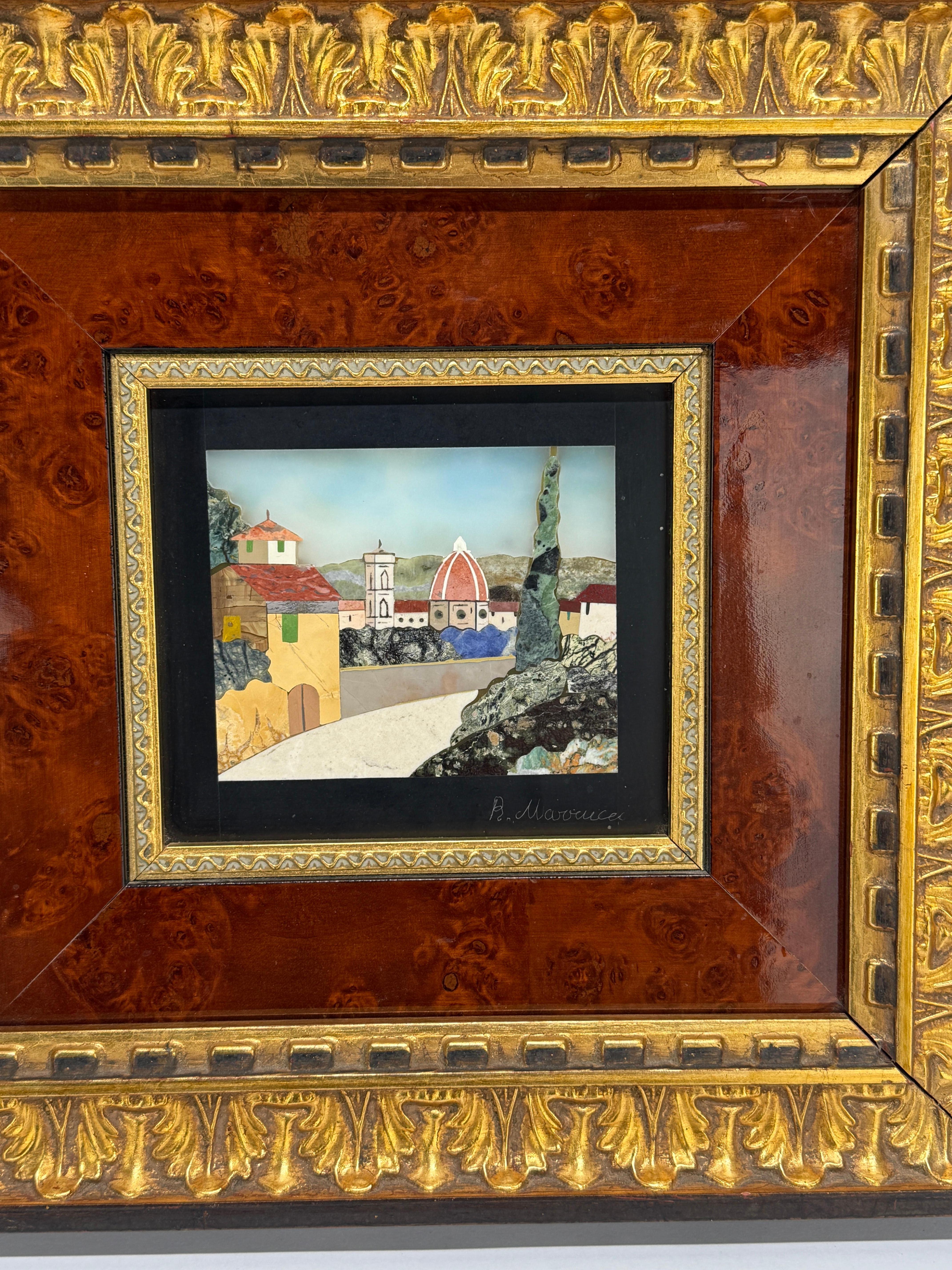 Italian Pietra Dura View of Florence in Parcel-Gilt and Burl Veneer Frame (Art nouveau) im Angebot