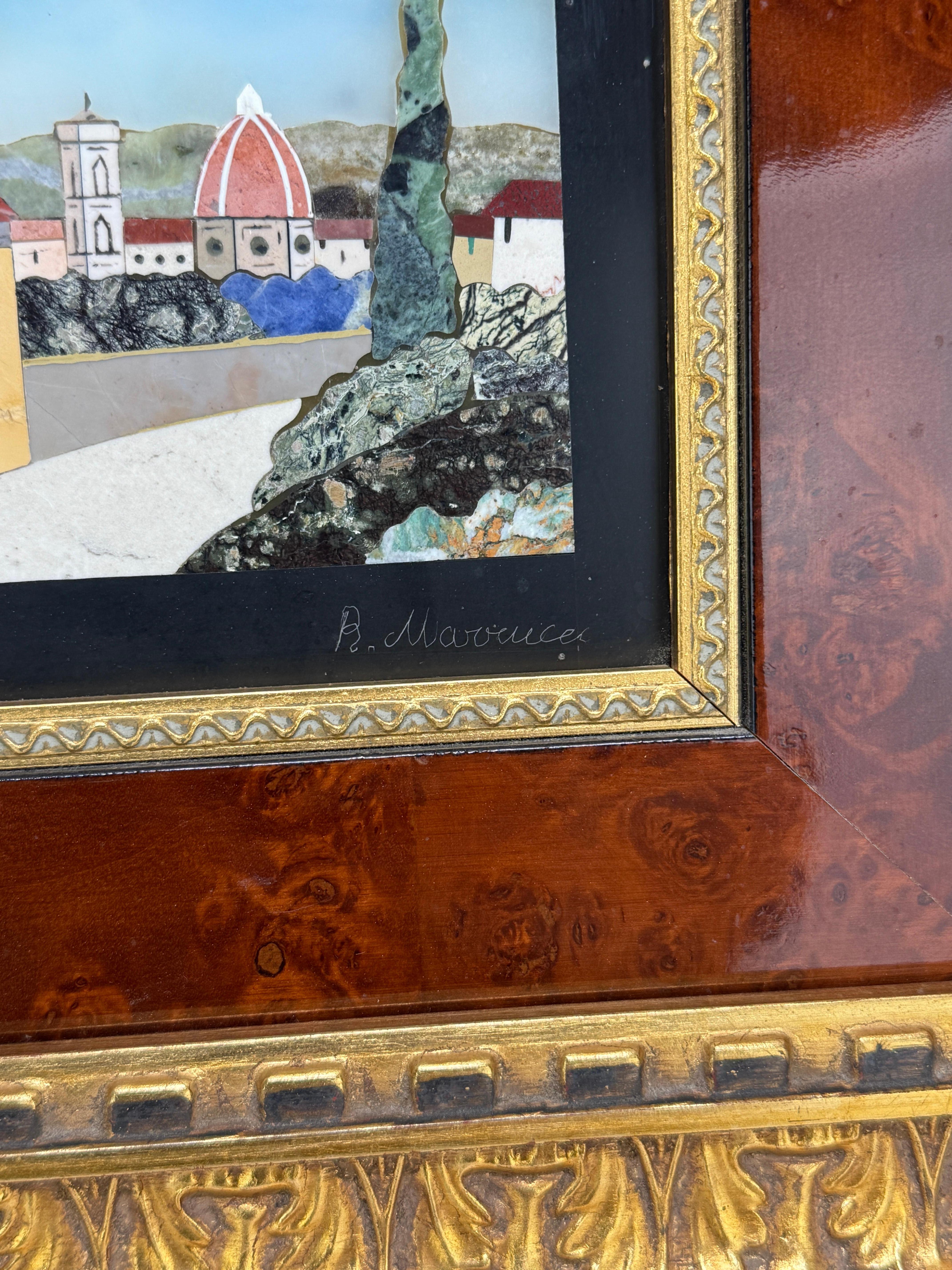 Italian Pietra Dura View of Florence in Parcel-Gilt and Burl Veneer Frame (Italienisch) im Angebot