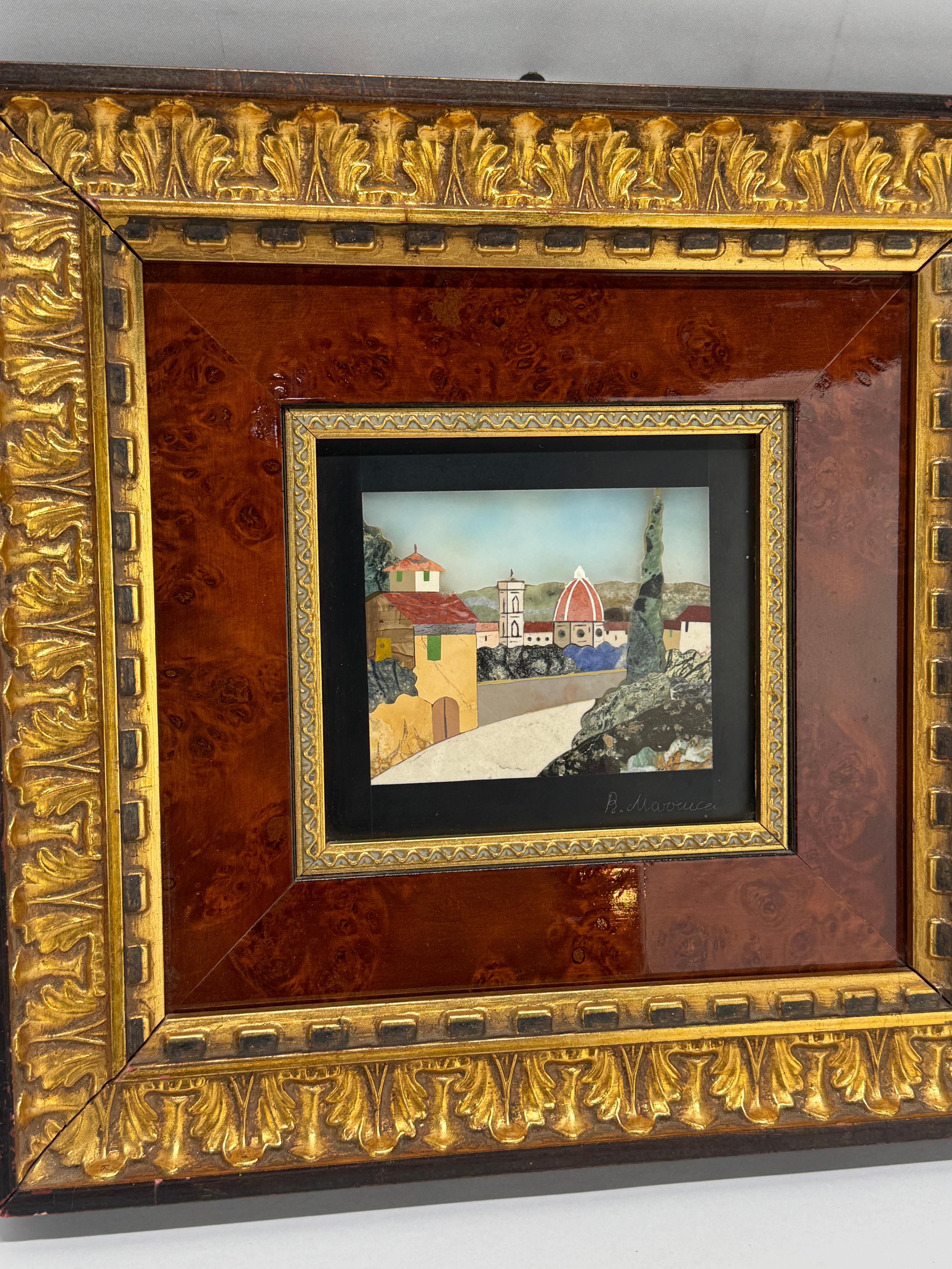 Italian Pietra Dura View of Florence in Parcel-Gilt and Burl Veneer Frame im Zustand „Gut“ im Angebot in Atlanta, GA