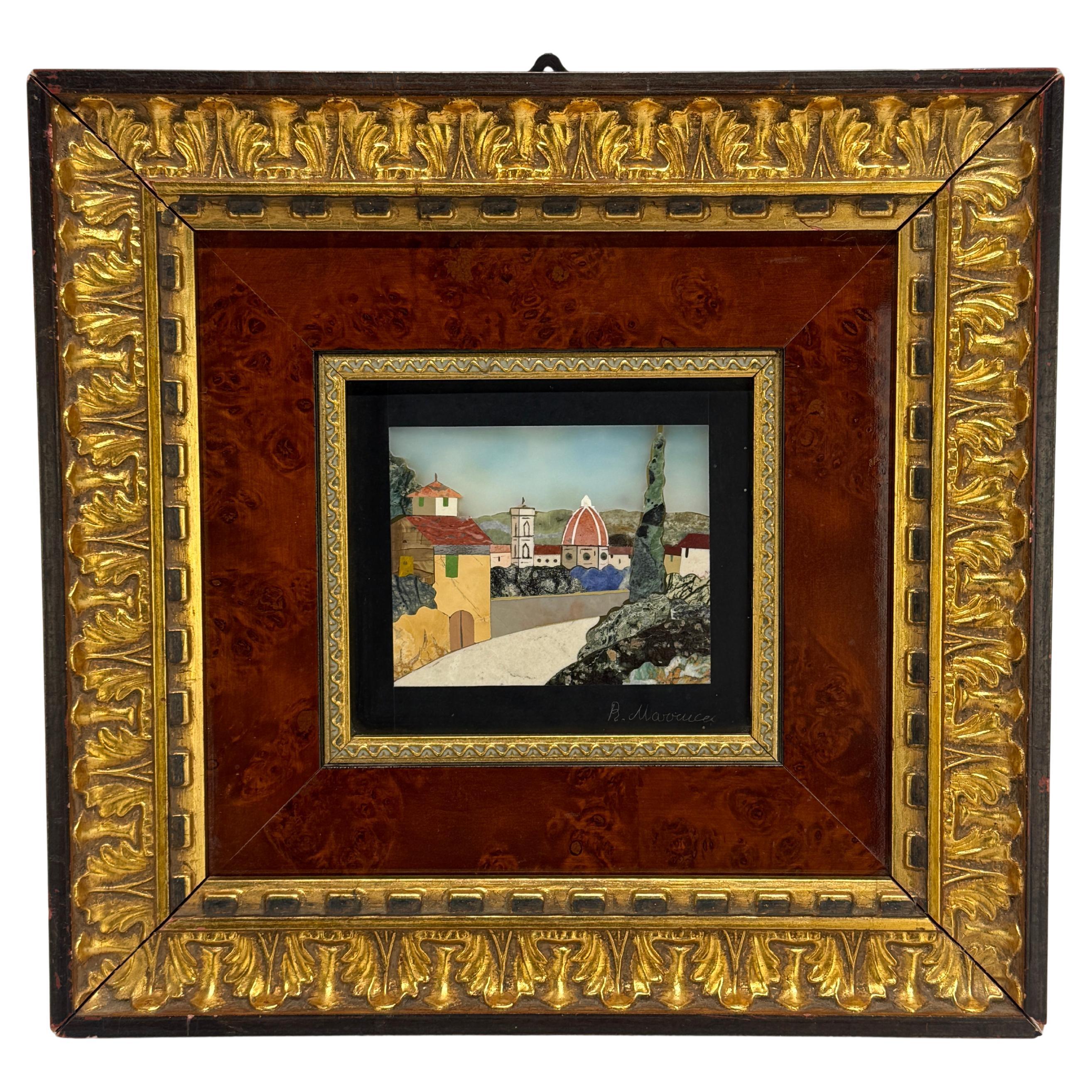 Italian Pietra Dura View of Florence in Parcel-Gilt and Burl Veneer Frame