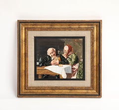 Italian Pietre Dure Plaque of an Elderly Couple at Table, Signed “Ceccherini”