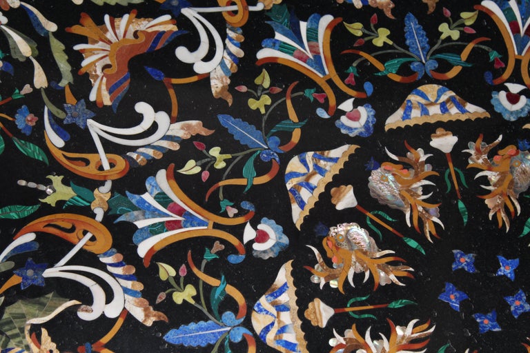 Italian Pietre Dure Semiprecious Hardstones Inlay Black Marble Mosaic Tabletop For Sale 1