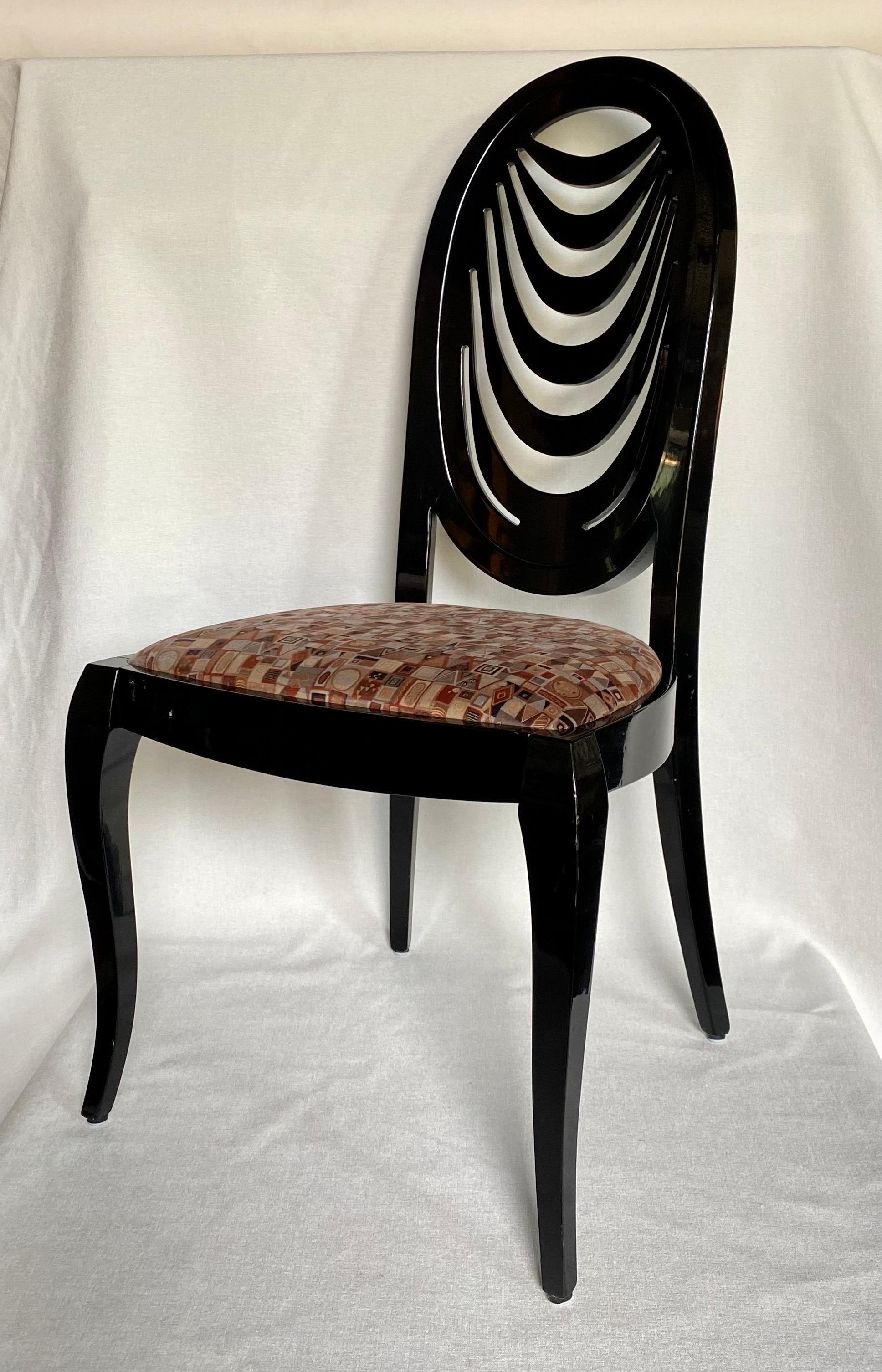 Fabulous Hollywood Regency Style Italian black lacquer side chair designed by Pietro Costantini for Ello Furniture. This sculptural accent or desk chair features a graphic draped back with curved cabriole legs. Original gloss black lacquer finish
