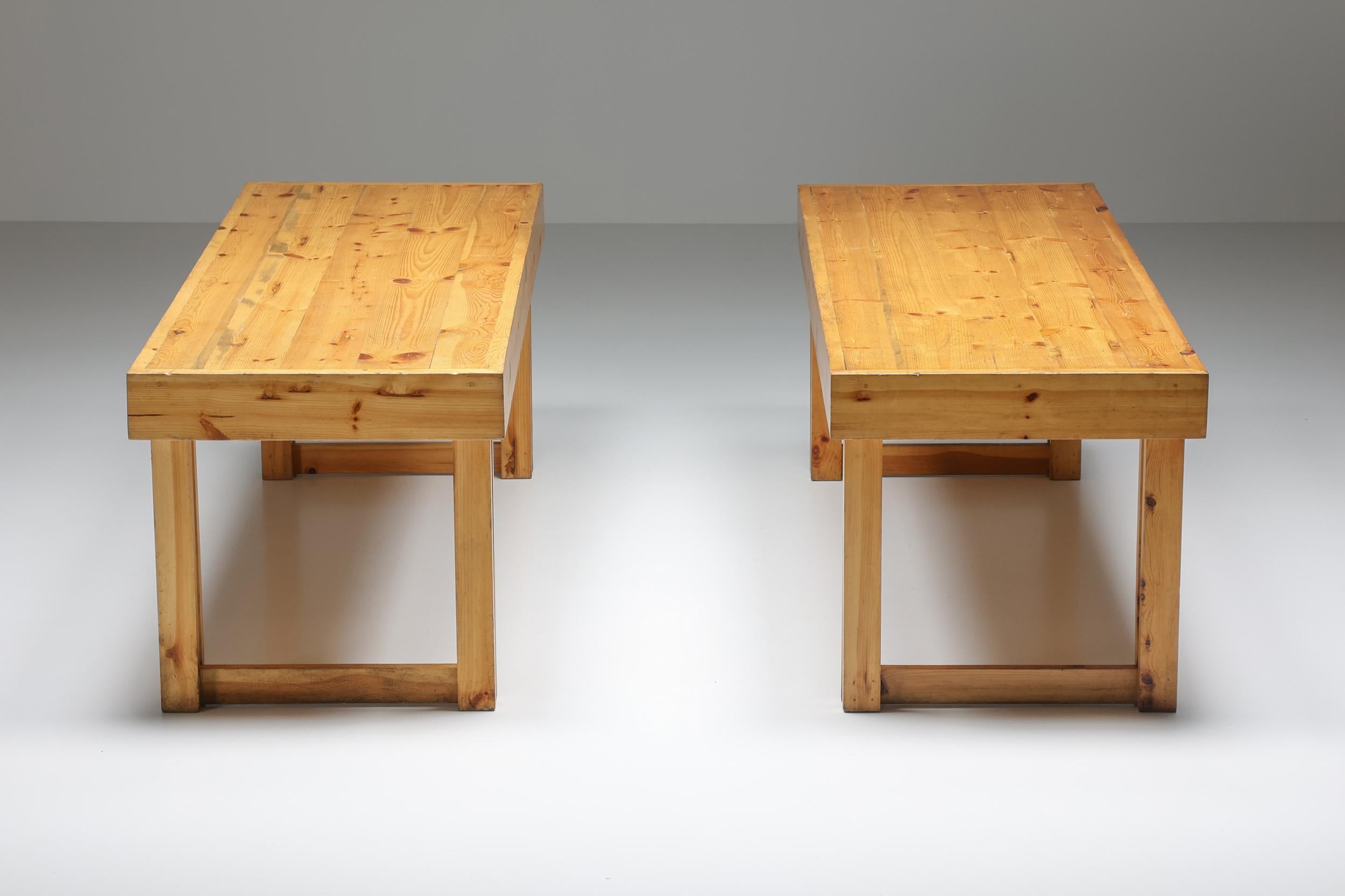 Brutalist; Rustic; Modernist; Italian Pine Bench and Table from Old Vinery; 960s; 

Rustic modernist dining table in Italian pine made in the 1960s. Naturalist and brutal pieces which were used as a tasting table in a prominent Tuscany winery. The