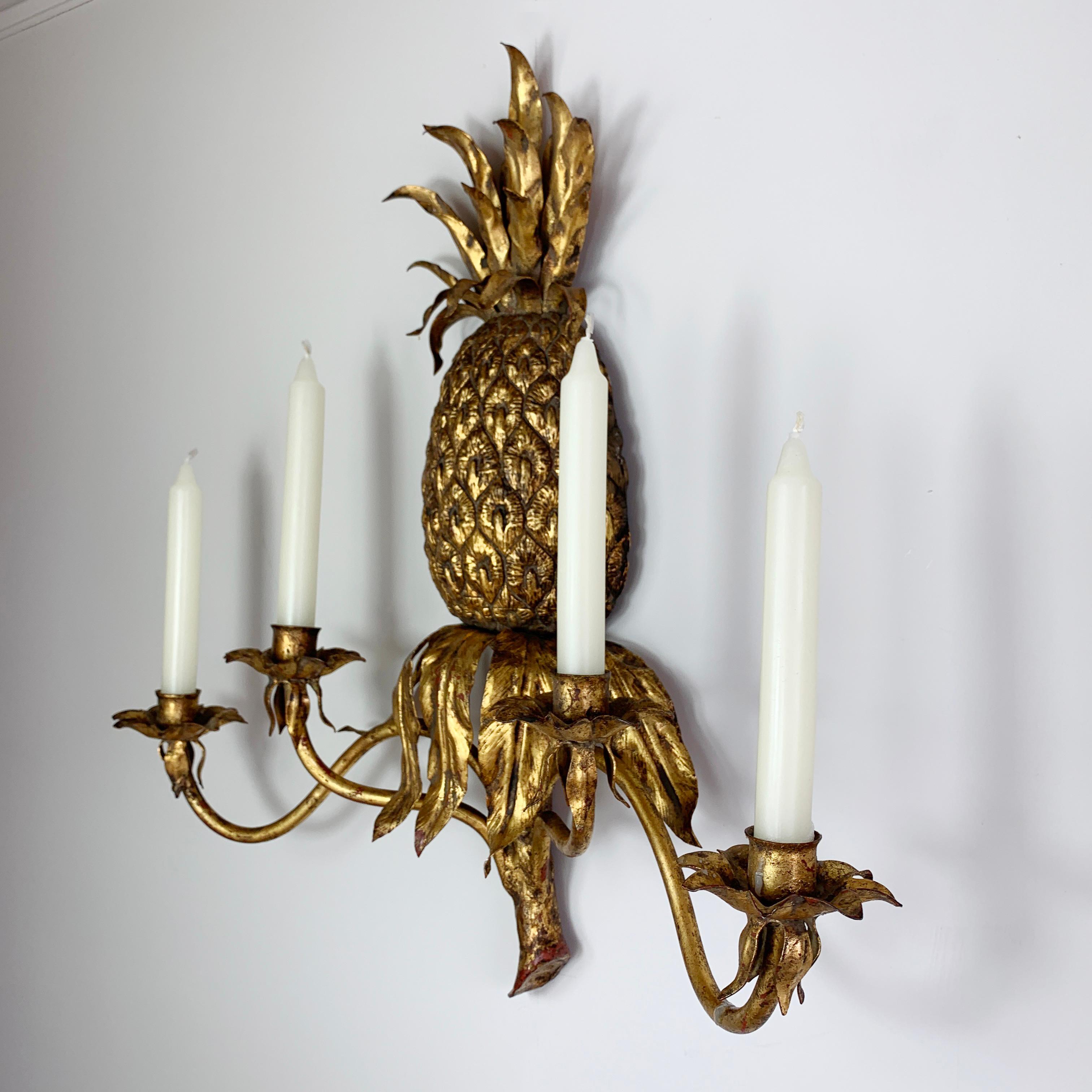 Baroque Italian Pineapple Candle Wall Sconce 1950’s Gold Wrought Iron  For Sale