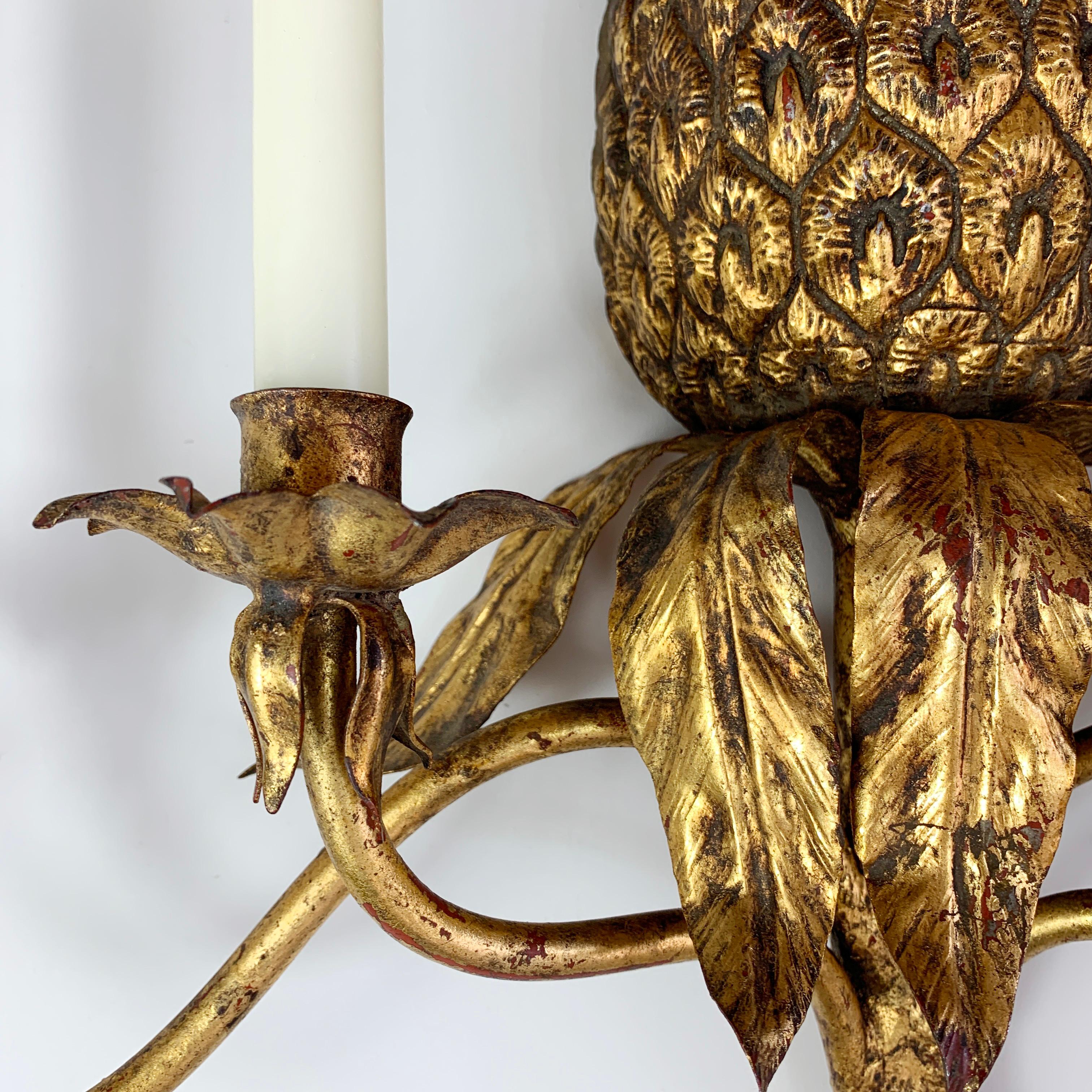 Mid-20th Century Italian Pineapple Candle Wall Sconce 1950’s Gold Wrought Iron  For Sale