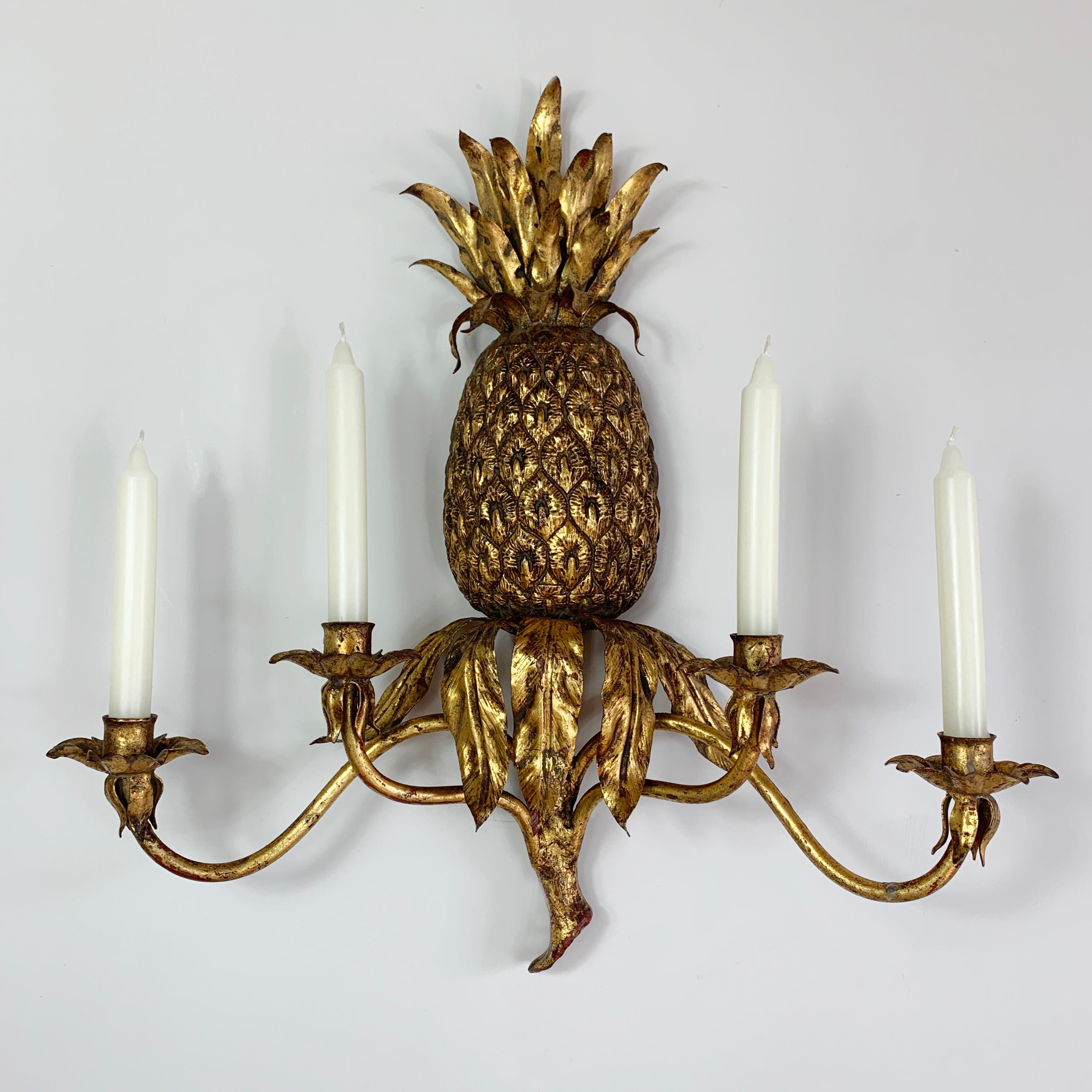 Italian Pineapple Candle Wall Sconce 1950’s Gold Wrought Iron  For Sale 1