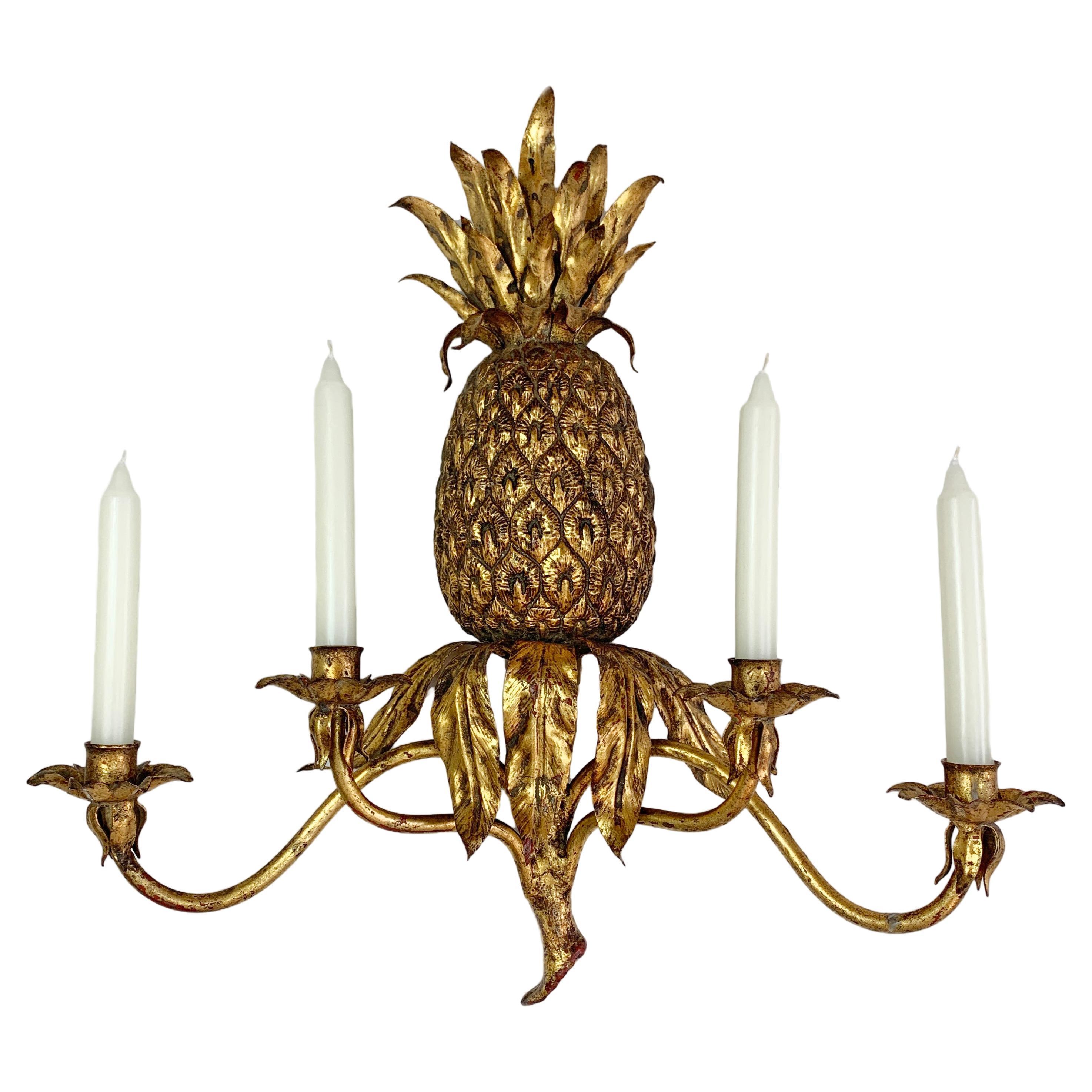 Italian Pineapple Candle Wall Sconce 1950’s Gold Wrought Iron  For Sale