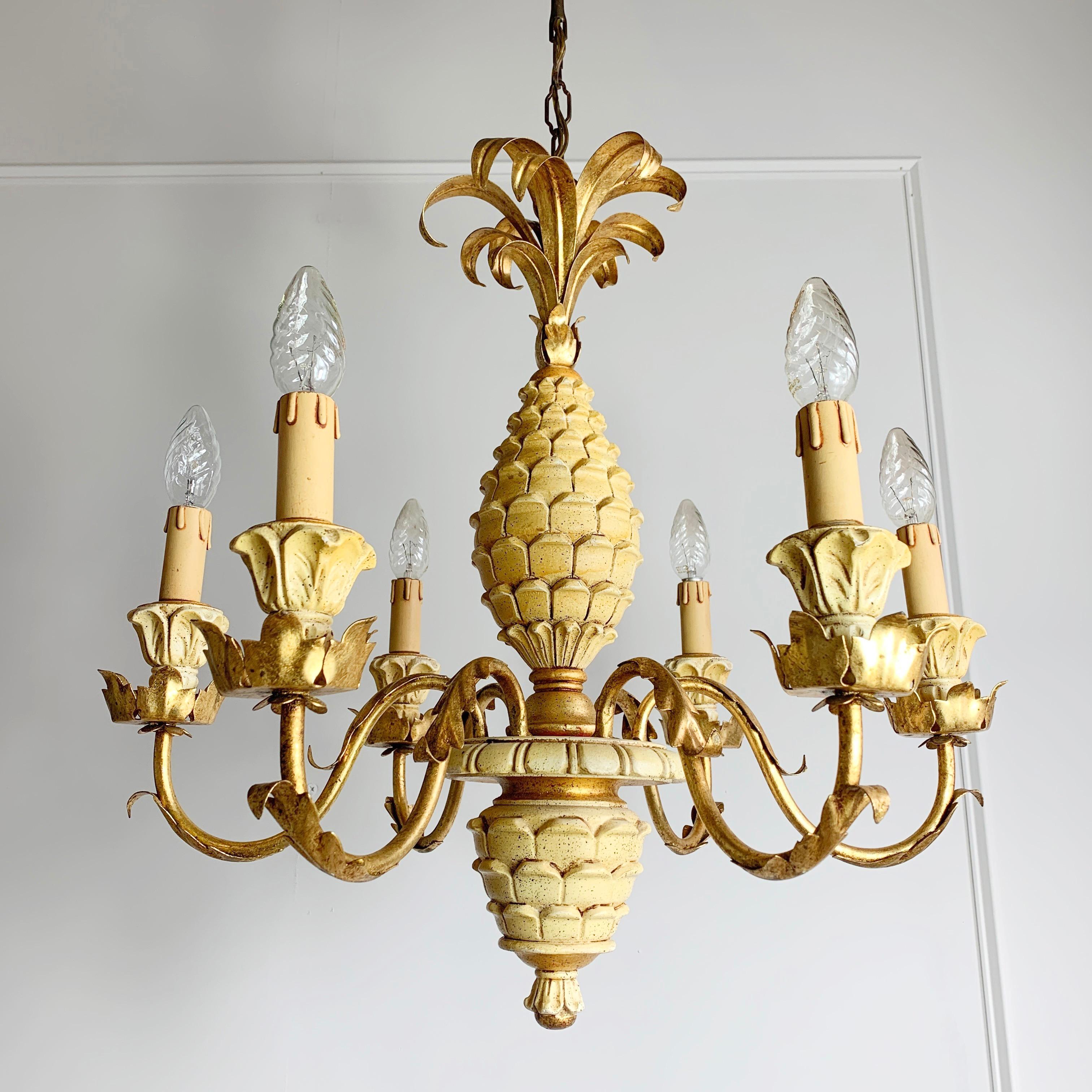 Italian Pineapple Chandelier Cream Carved Wood 1970s For Sale 3