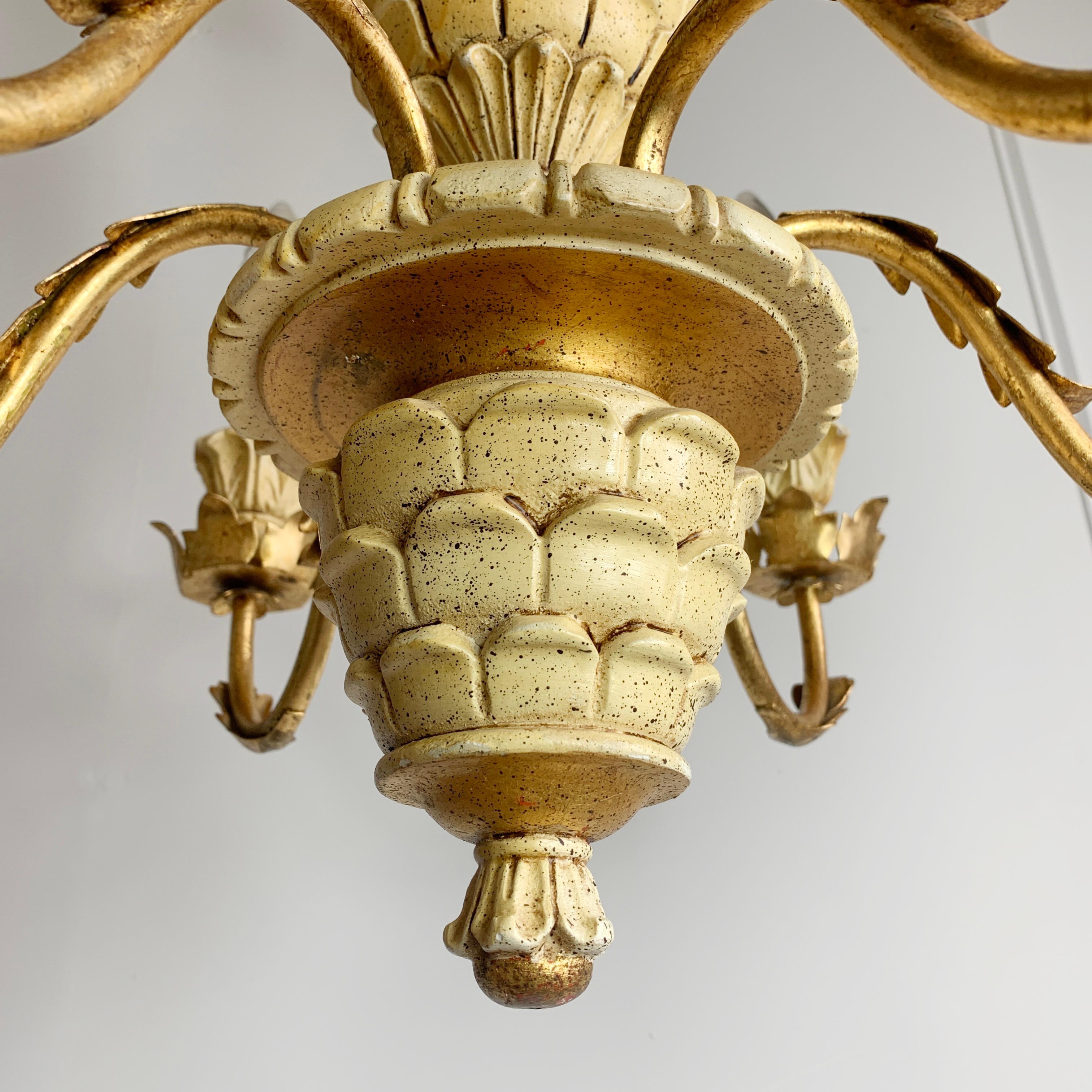 Italian Pineapple Chandelier Cream Carved Wood 1970s For Sale 4