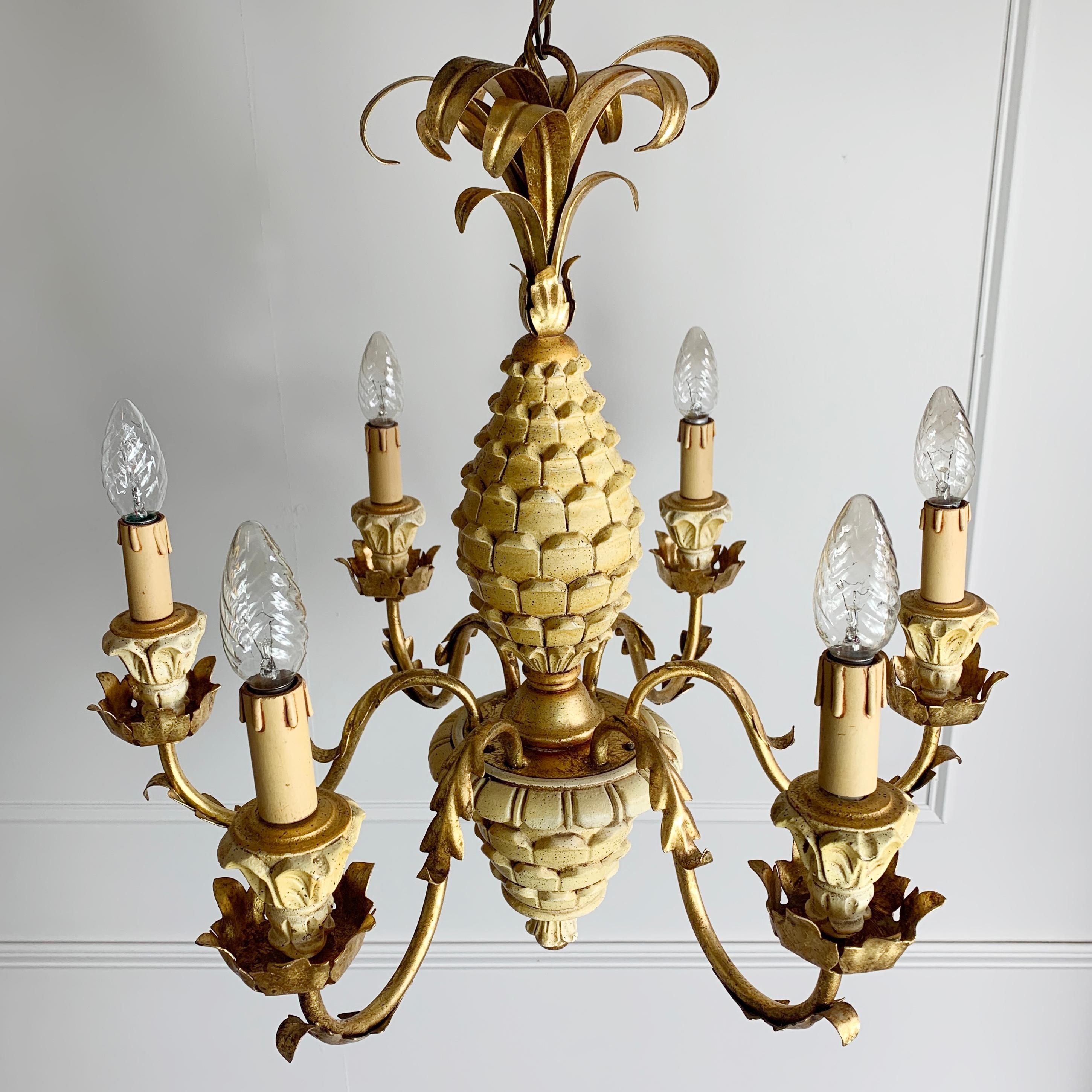 Italian Pineapple Chandelier Cream Carved Wood 1970s For Sale 5